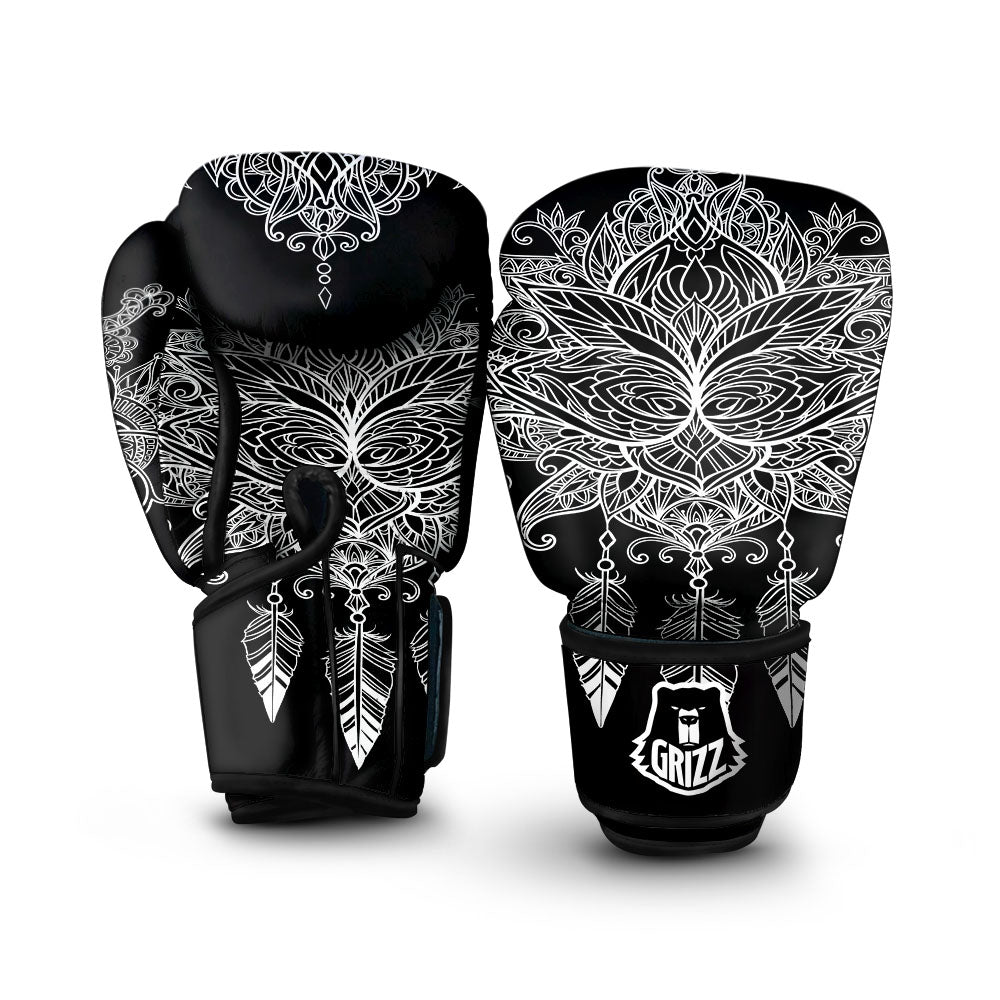 Lotus Mandala White And Black Print Boxing Gloves-grizzshop