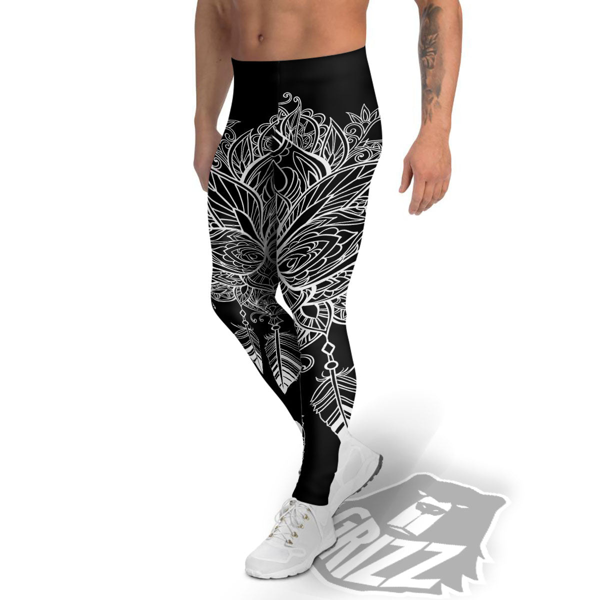 Lotus Mandala White And Black Print Men's Leggings-grizzshop