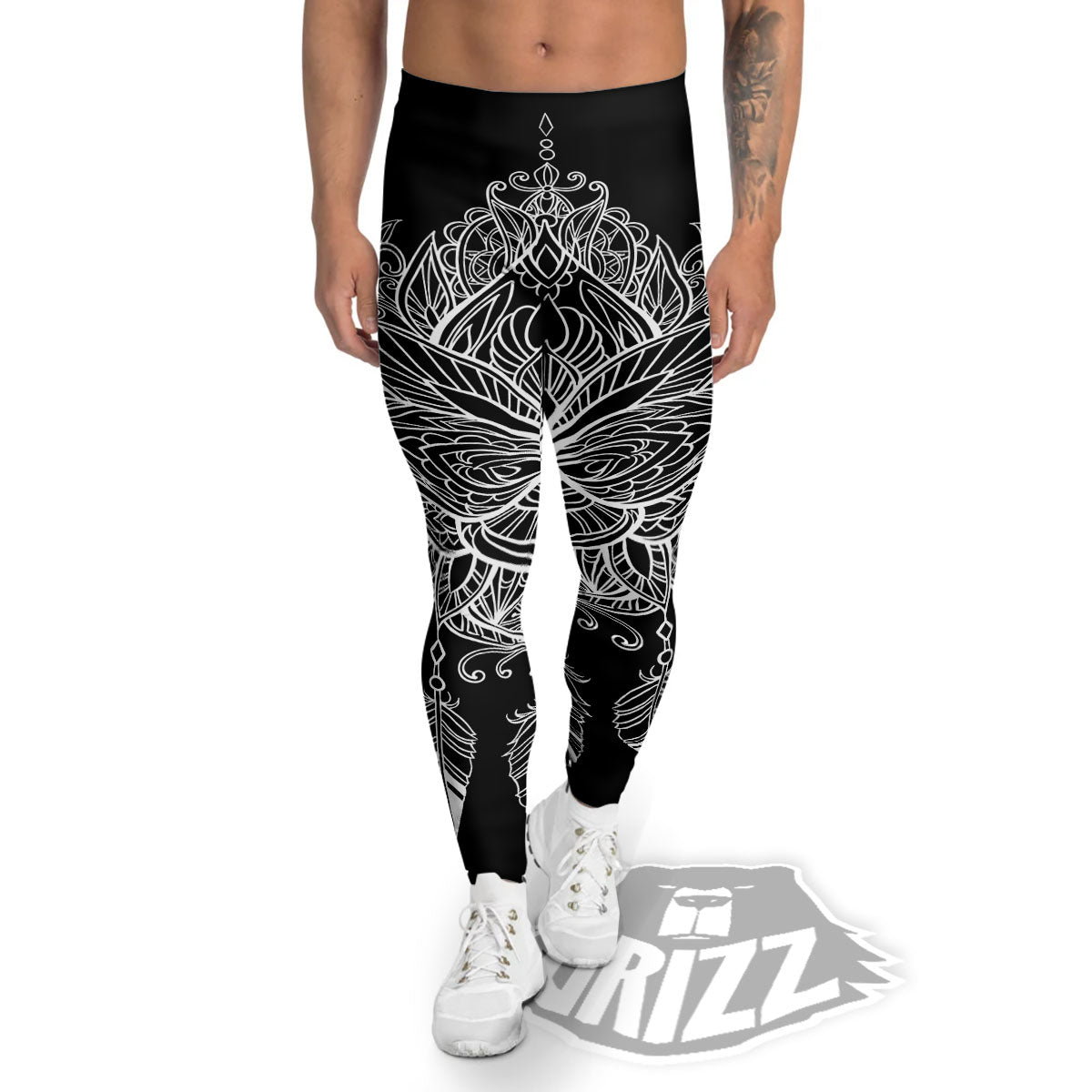 Lotus Mandala White And Black Print Men's Leggings-grizzshop