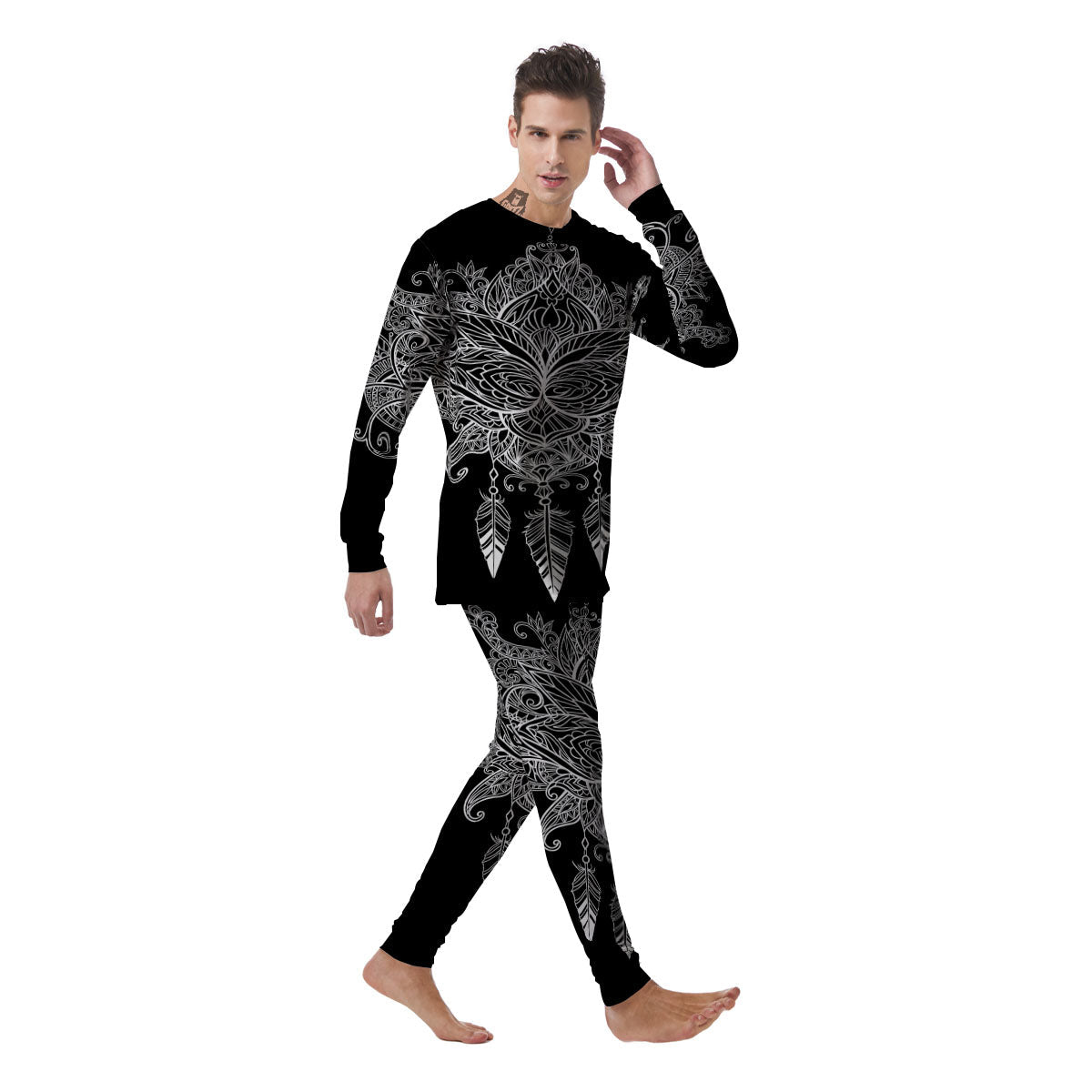 Lotus Mandala White And Black Print Men's Pajamas-grizzshop