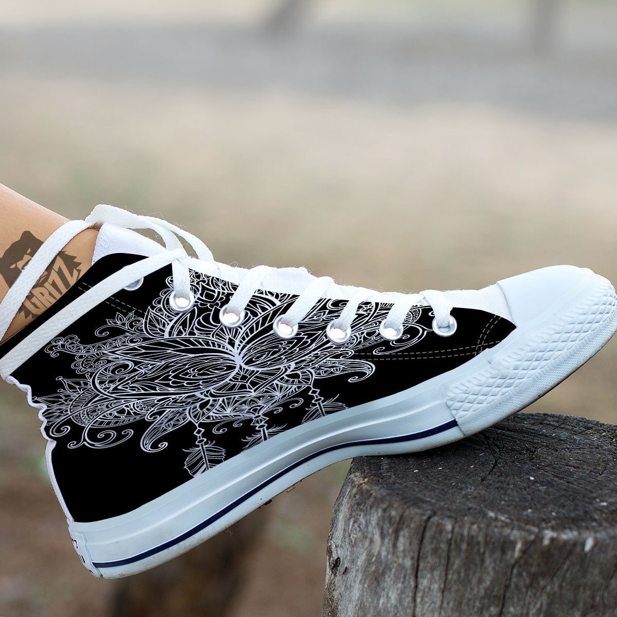 Lotus Mandala White And Black Print White High Top Shoes-grizzshop