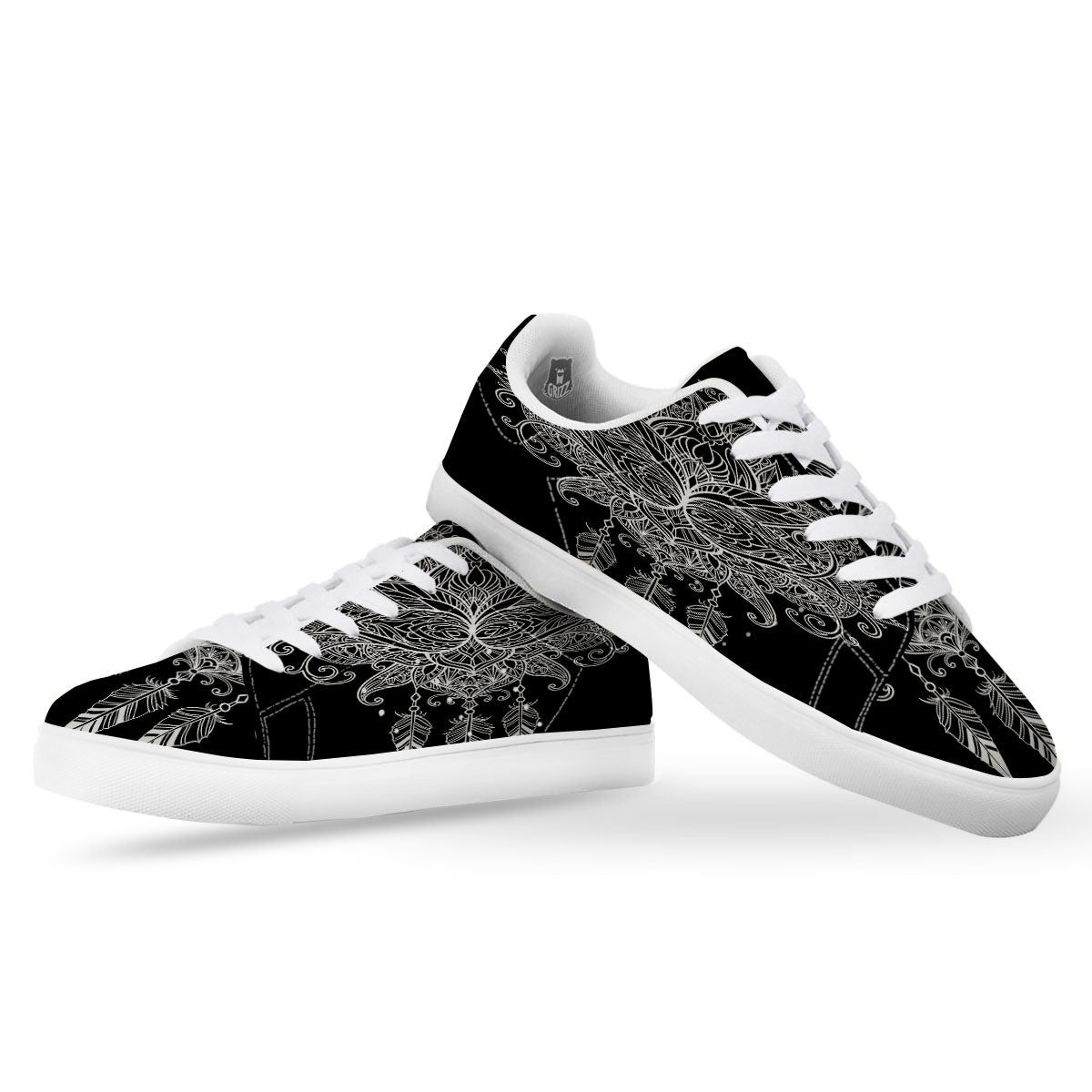 Lotus Mandala White And Black Print White Low Top Sneakers-grizzshop