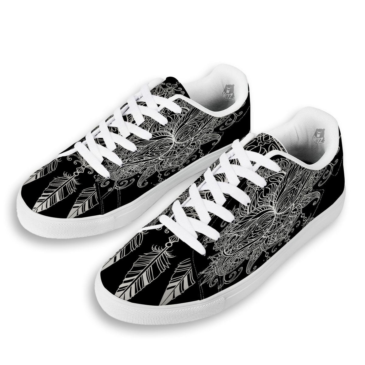 Lotus Mandala White And Black Print White Low Top Sneakers-grizzshop