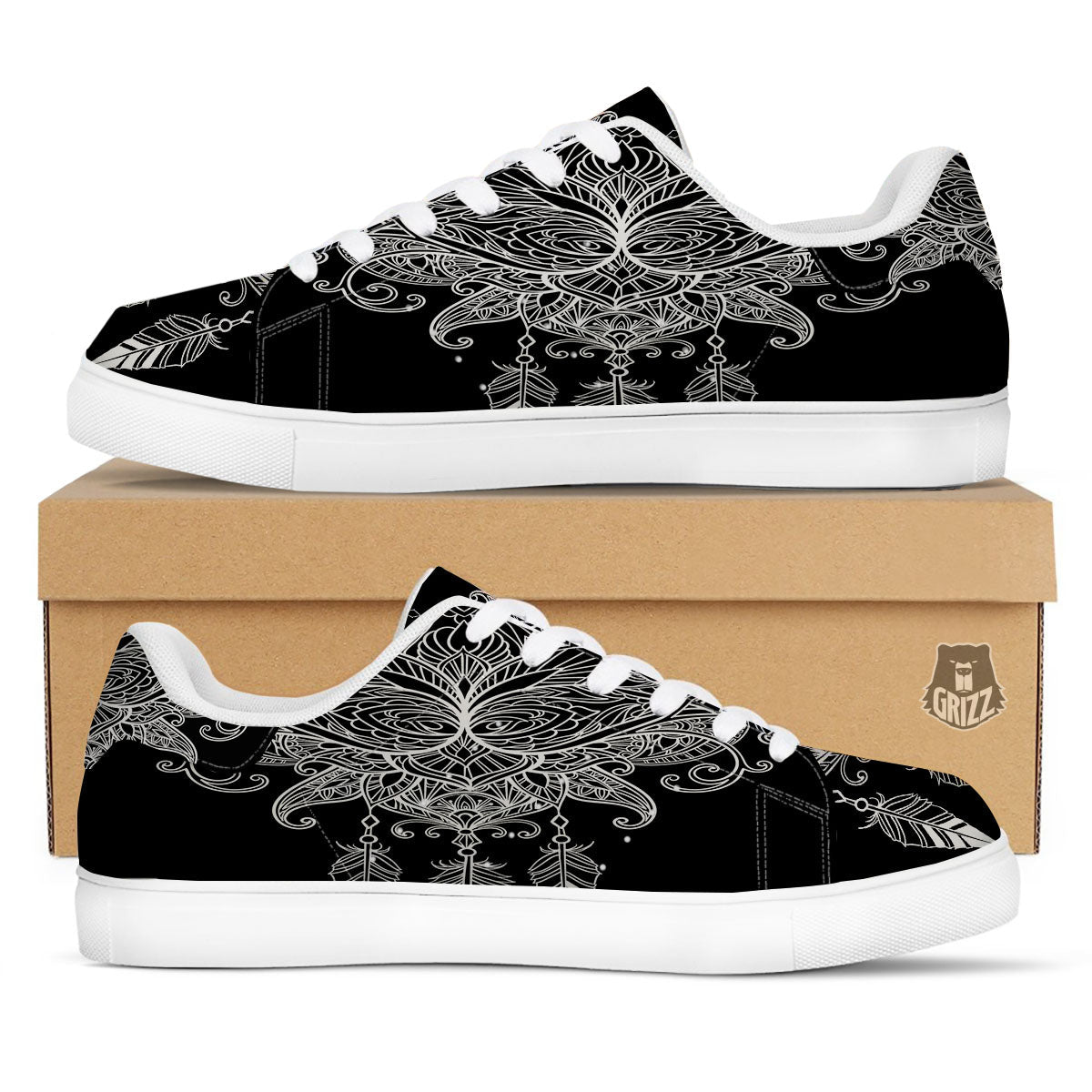Lotus Mandala White And Black Print White Low Top Sneakers-grizzshop