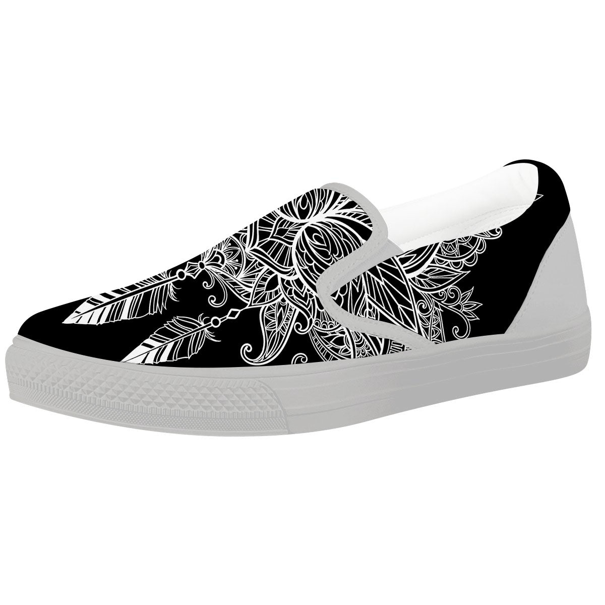 Lotus Mandala White And Black Print White Slip On Shoes-grizzshop
