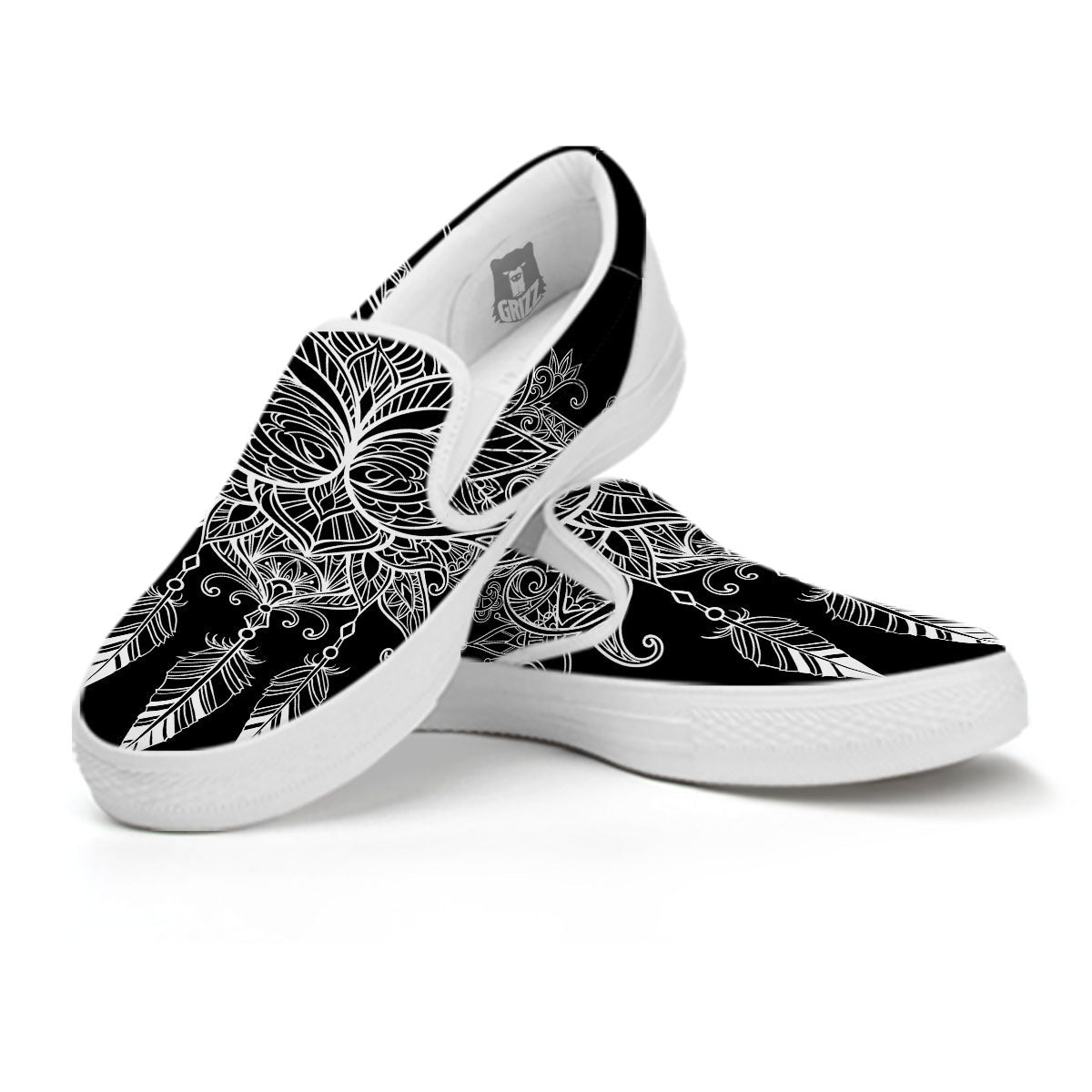 Lotus Mandala White And Black Print White Slip On Shoes-grizzshop
