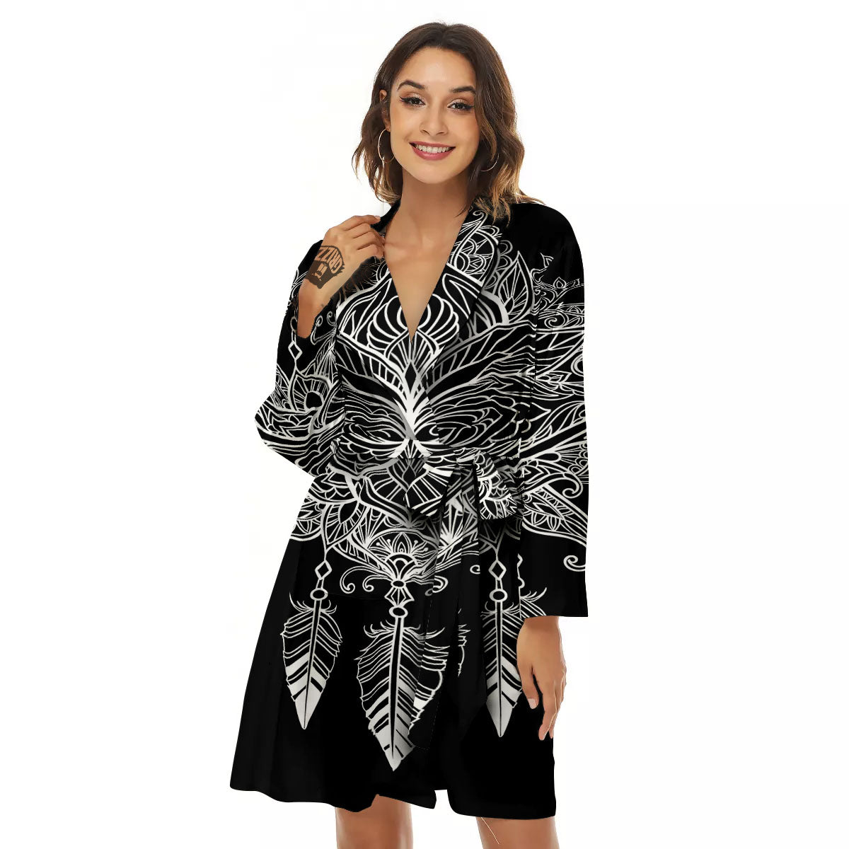 Lotus Mandala White And Black Print Women's Robe-grizzshop