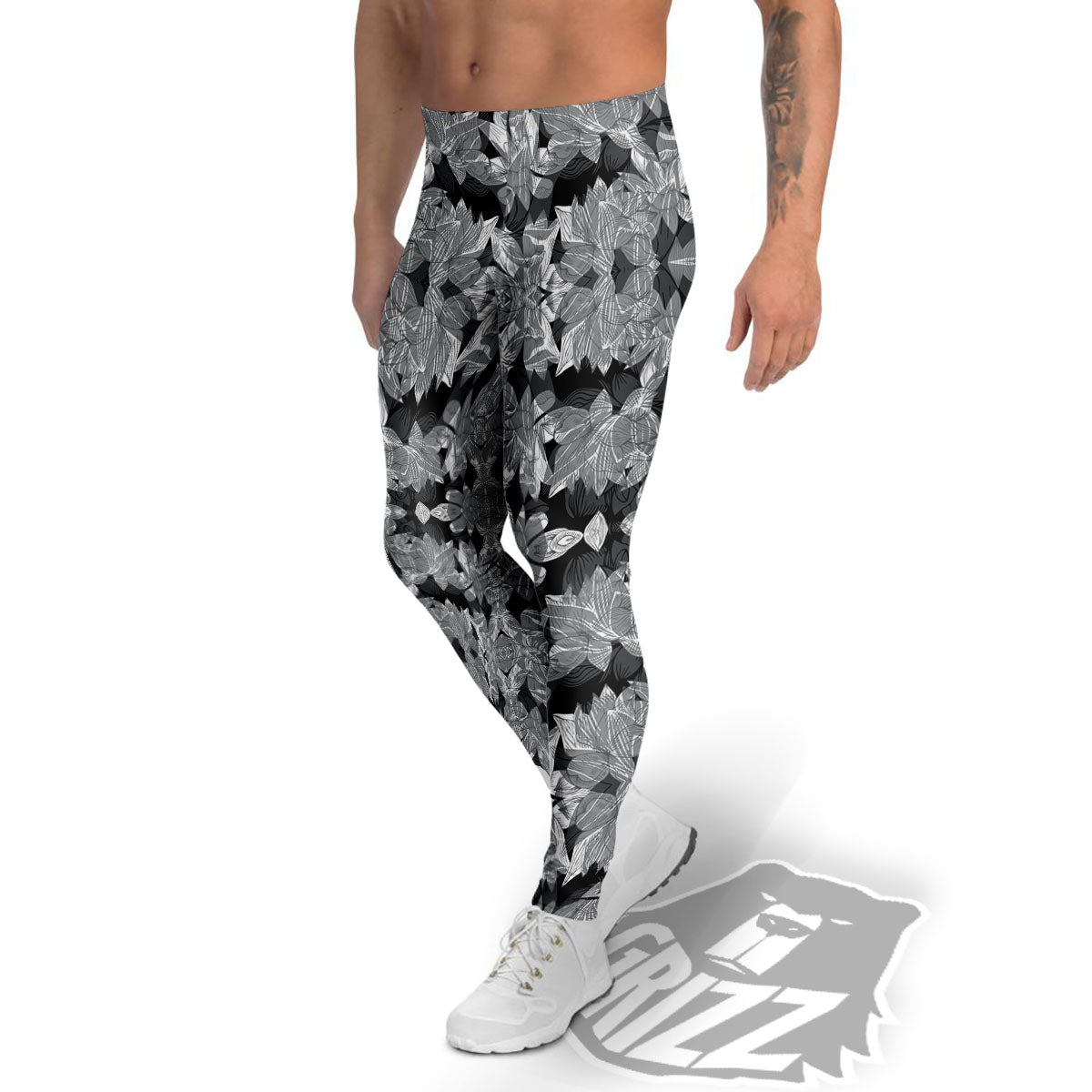 Lotus Monochrome Print Pattern Men's Leggings-grizzshop