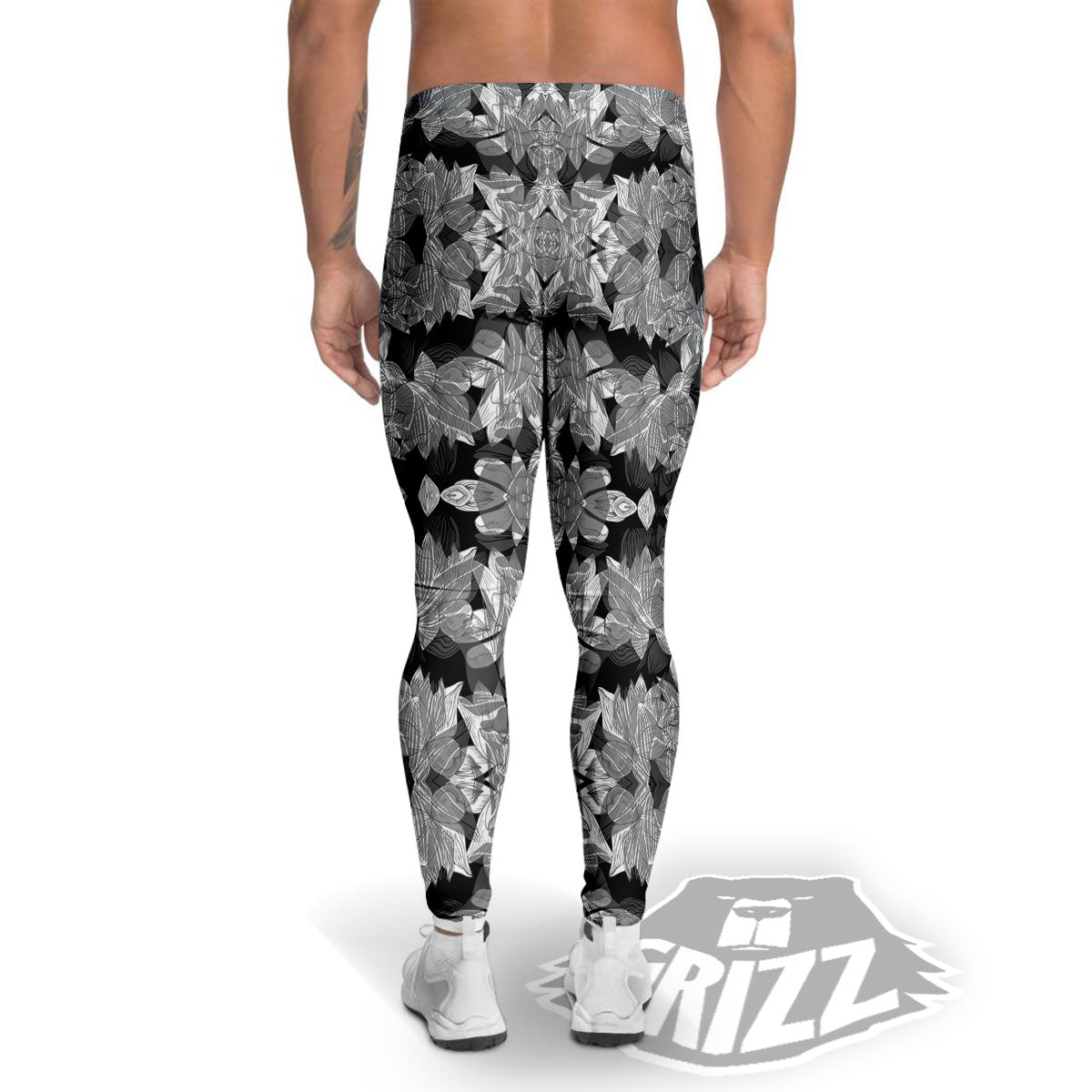 Lotus Monochrome Print Pattern Men's Leggings-grizzshop