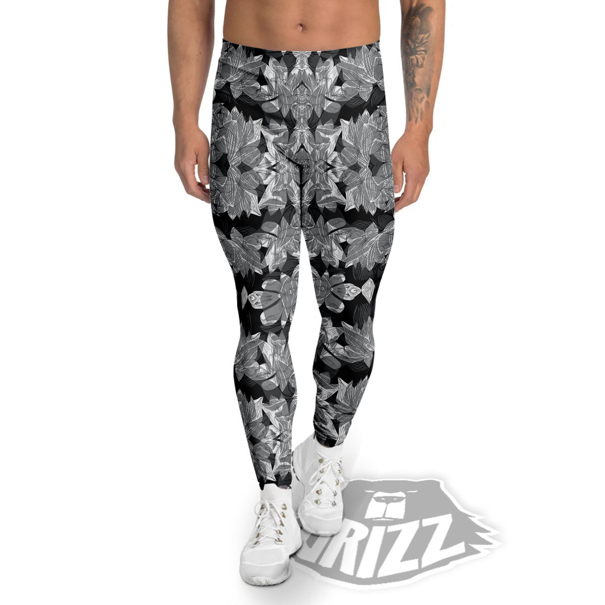 Lotus Monochrome Print Pattern Men's Leggings-grizzshop