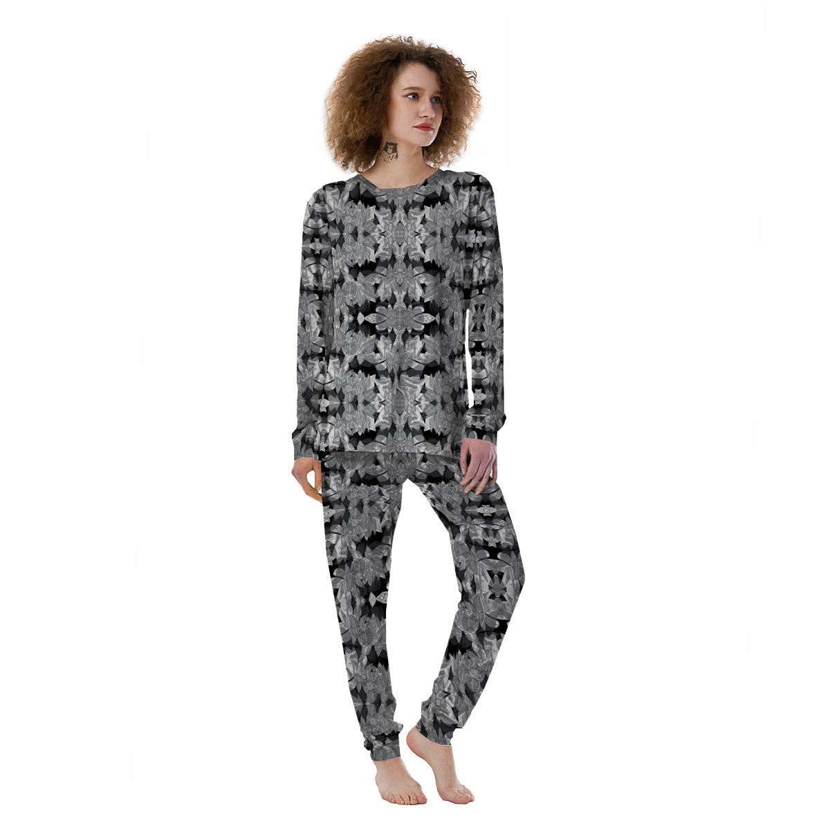 Lotus Monochrome Print Pattern Women's Pajamas-grizzshop
