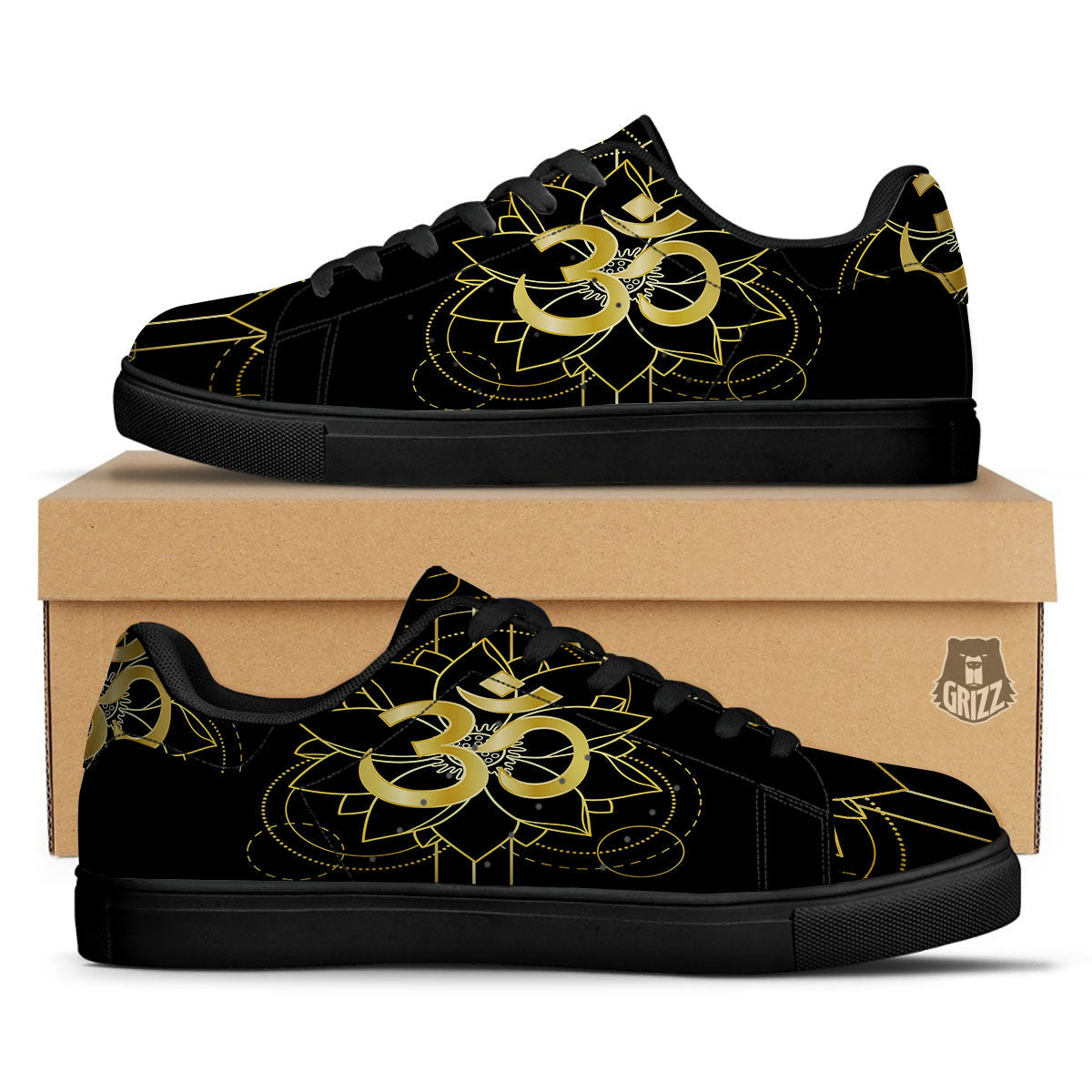 Lotus Om Gold Print Black Low Top Sneakers-grizzshop