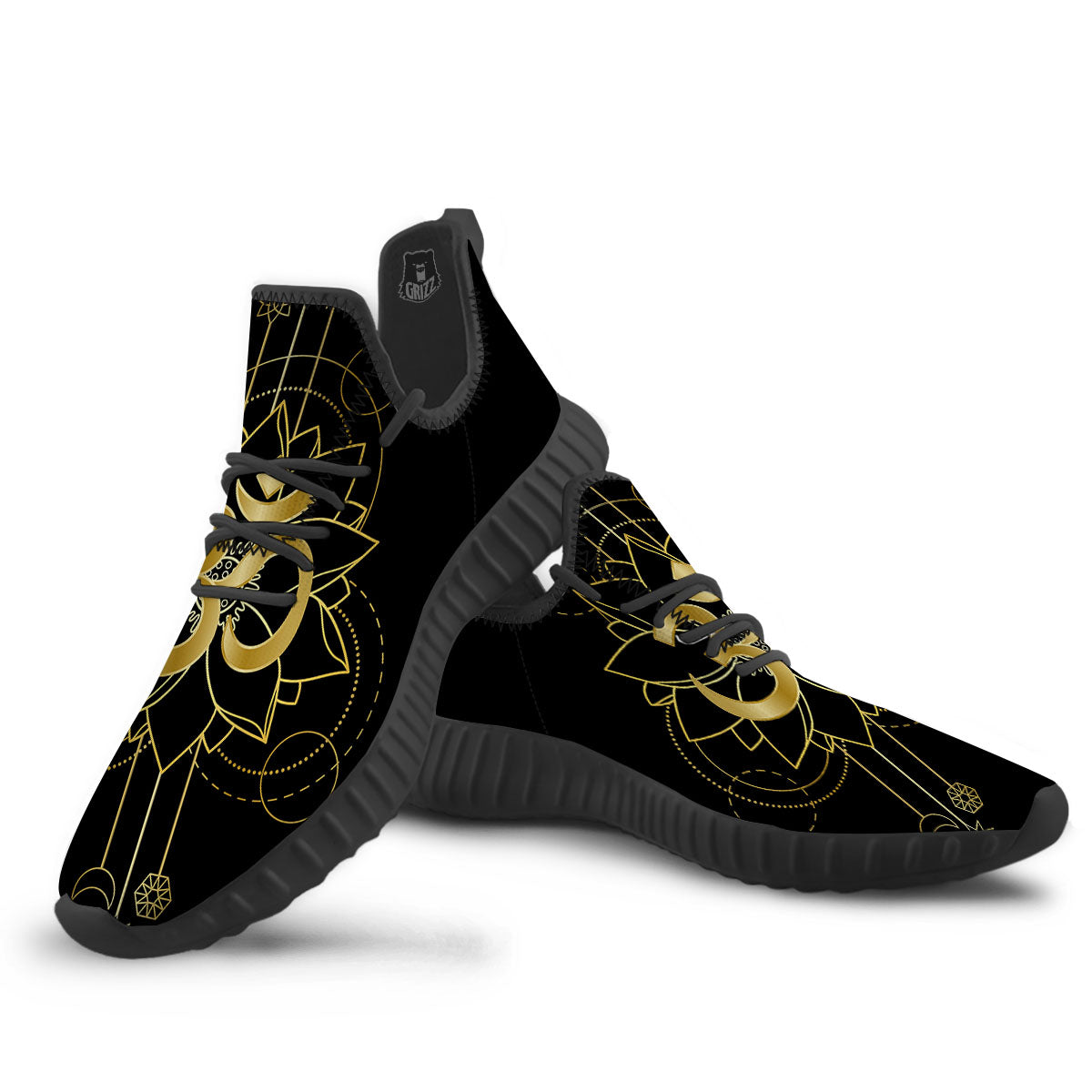 Lotus Om Gold Print Black Walking Shoes-grizzshop