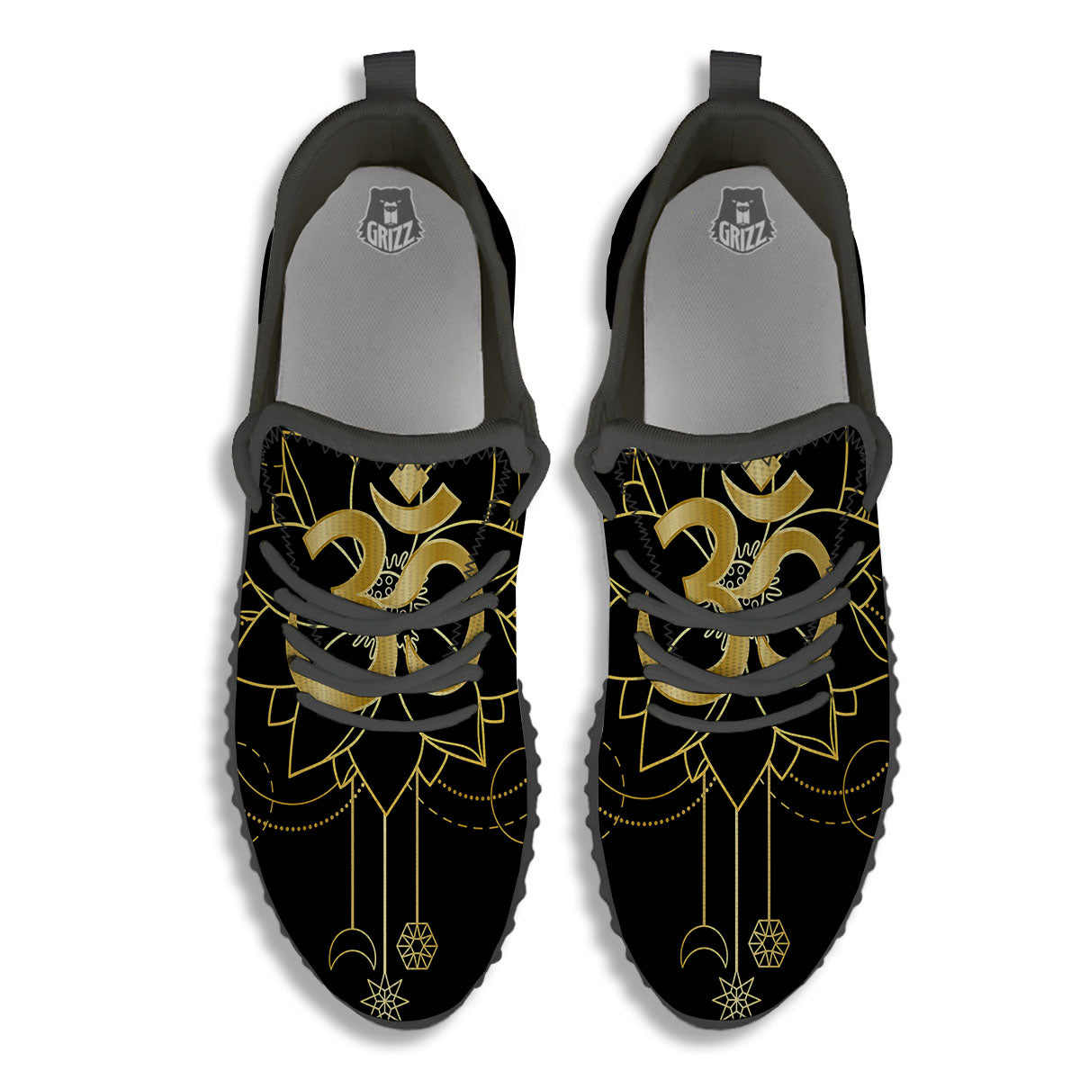Lotus Om Gold Print Black Walking Shoes-grizzshop