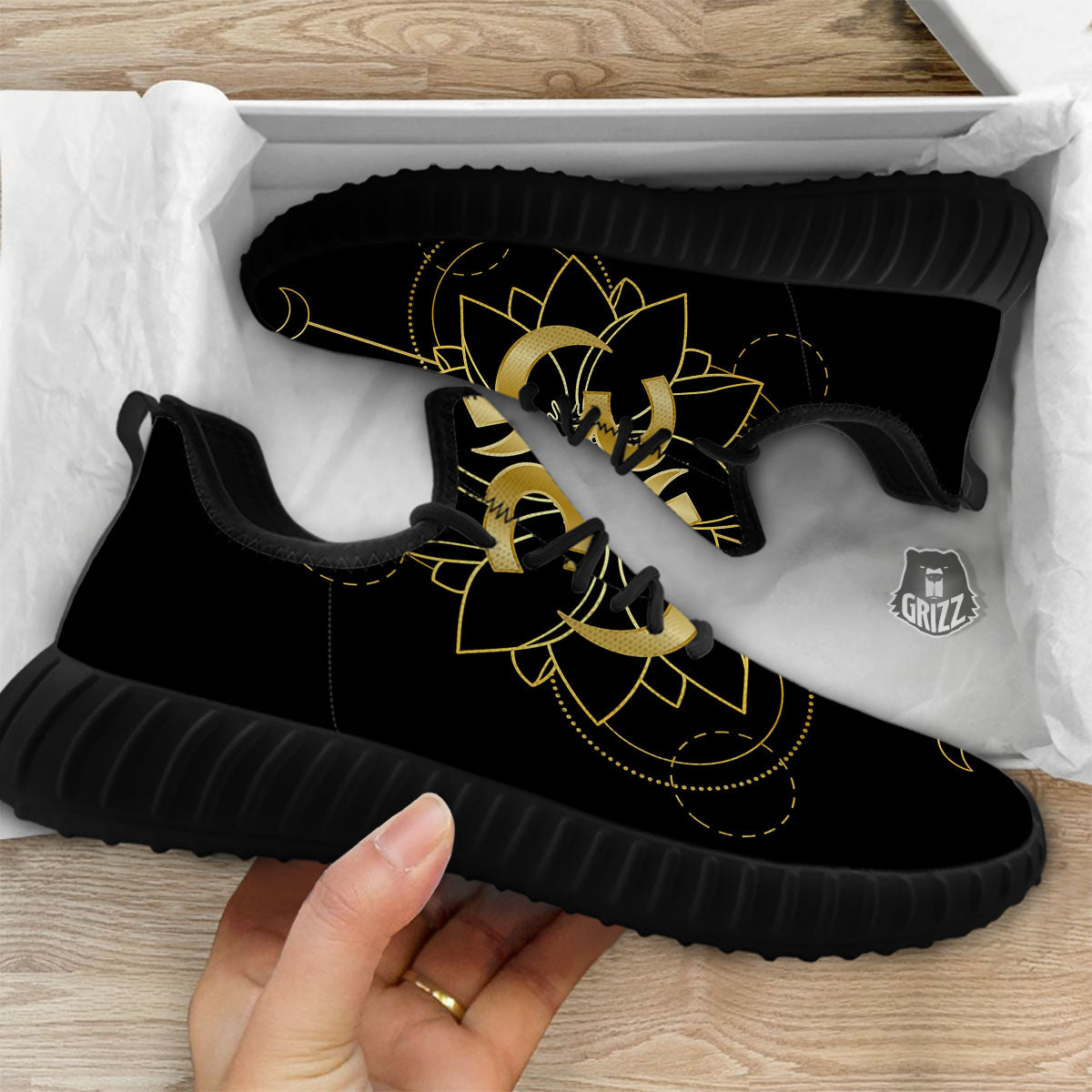 Lotus Om Gold Print Black Walking Shoes-grizzshop