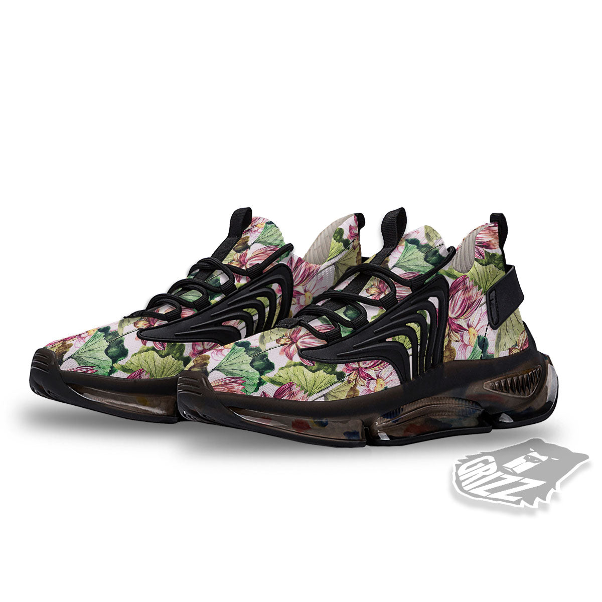Lotus Pink Print Pattern Black Gym Shoes-grizzshop