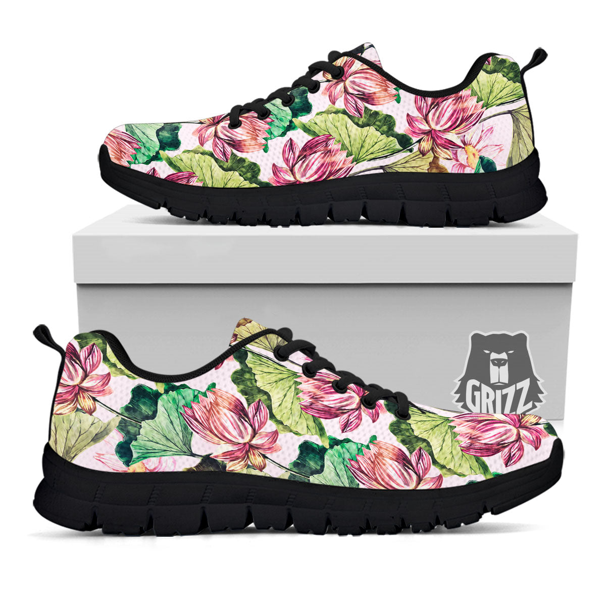 Lotus Pink Print Pattern Black Sneaker-grizzshop