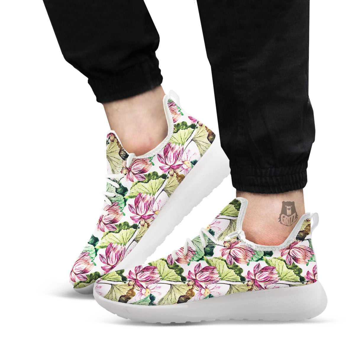 Lotus Pink Print Pattern White Athletic Shoes-grizzshop