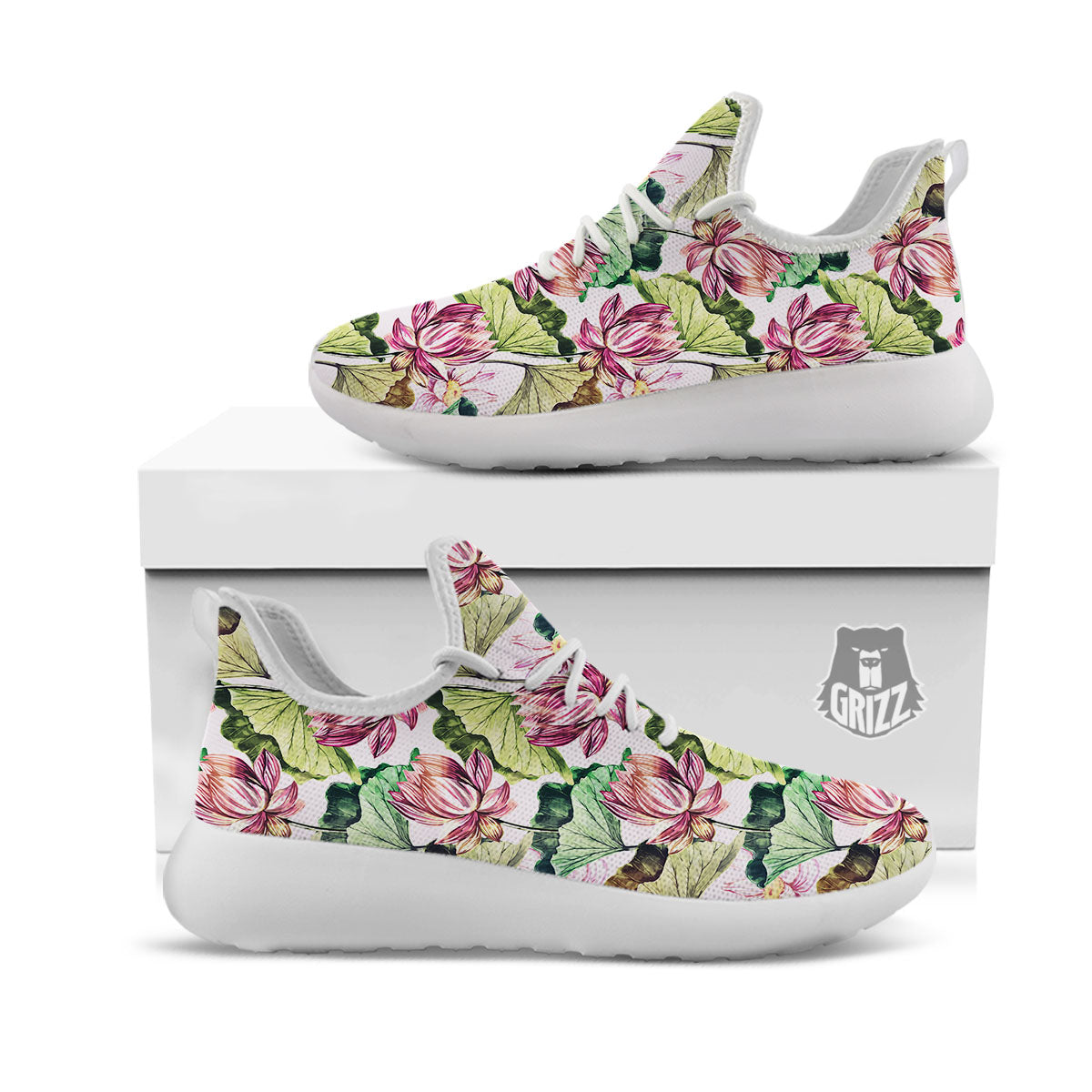 Lotus Pink Print Pattern White Athletic Shoes-grizzshop