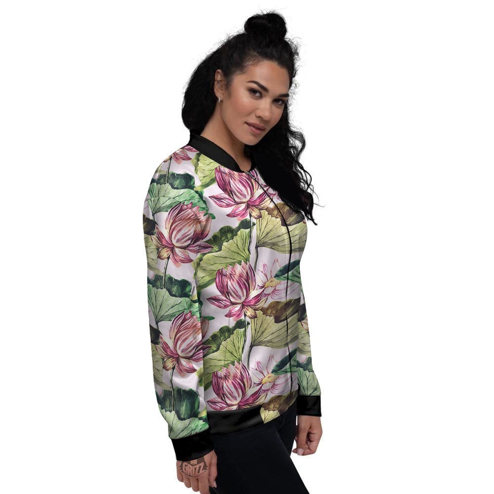 Lotus Pink Print Pattern Women's Bomber Jacket-grizzshop