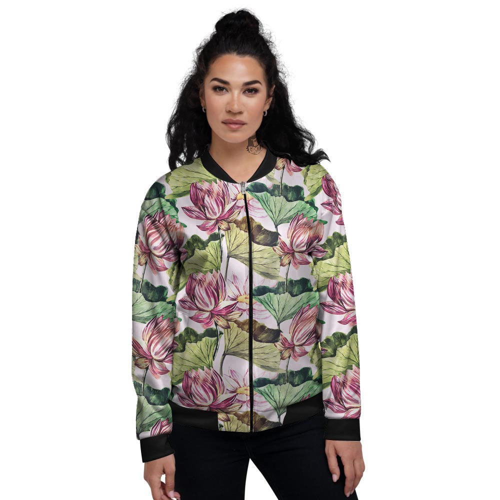 Lotus Pink Print Pattern Women's Bomber Jacket-grizzshop