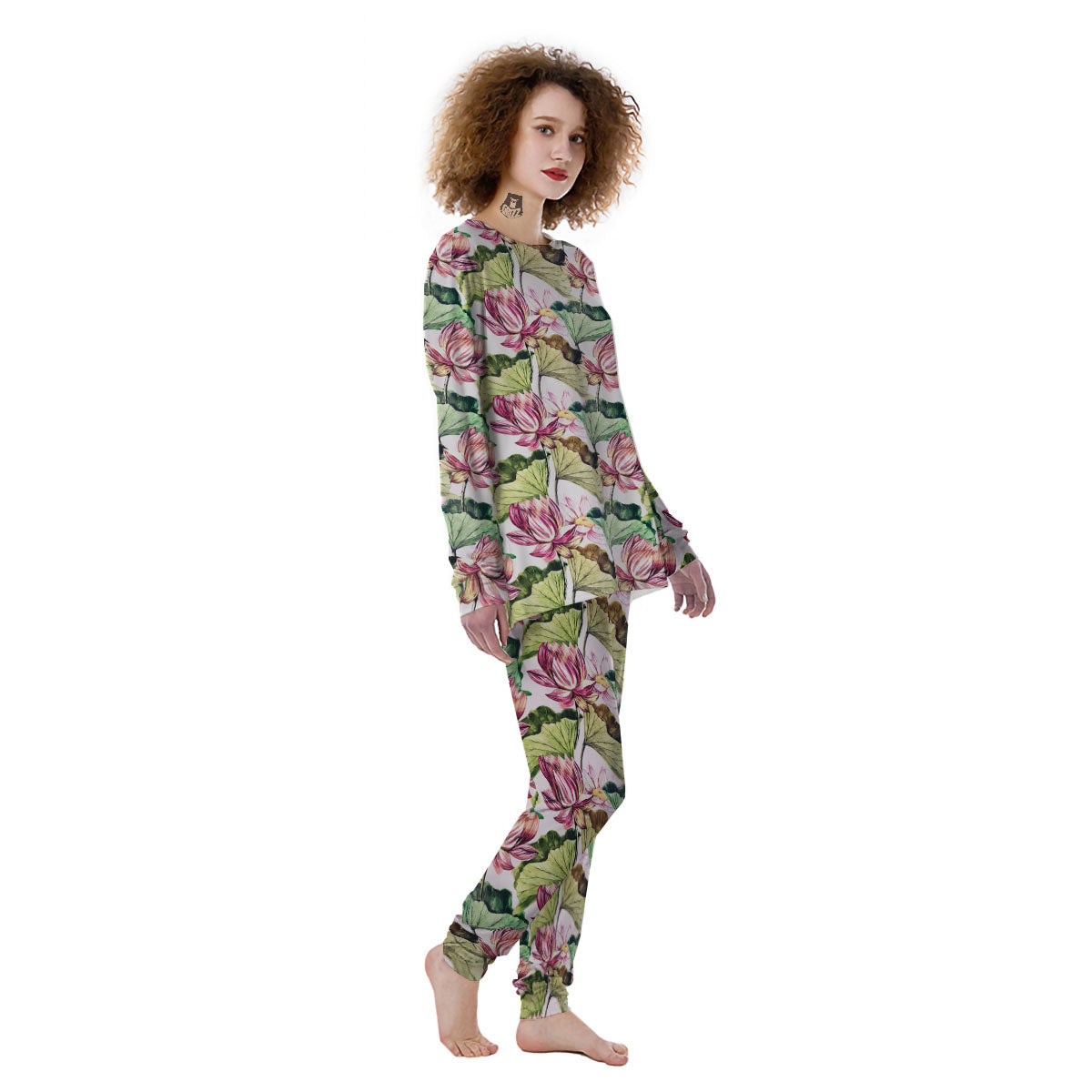 Lotus Pink Print Pattern Women's Pajamas-grizzshop