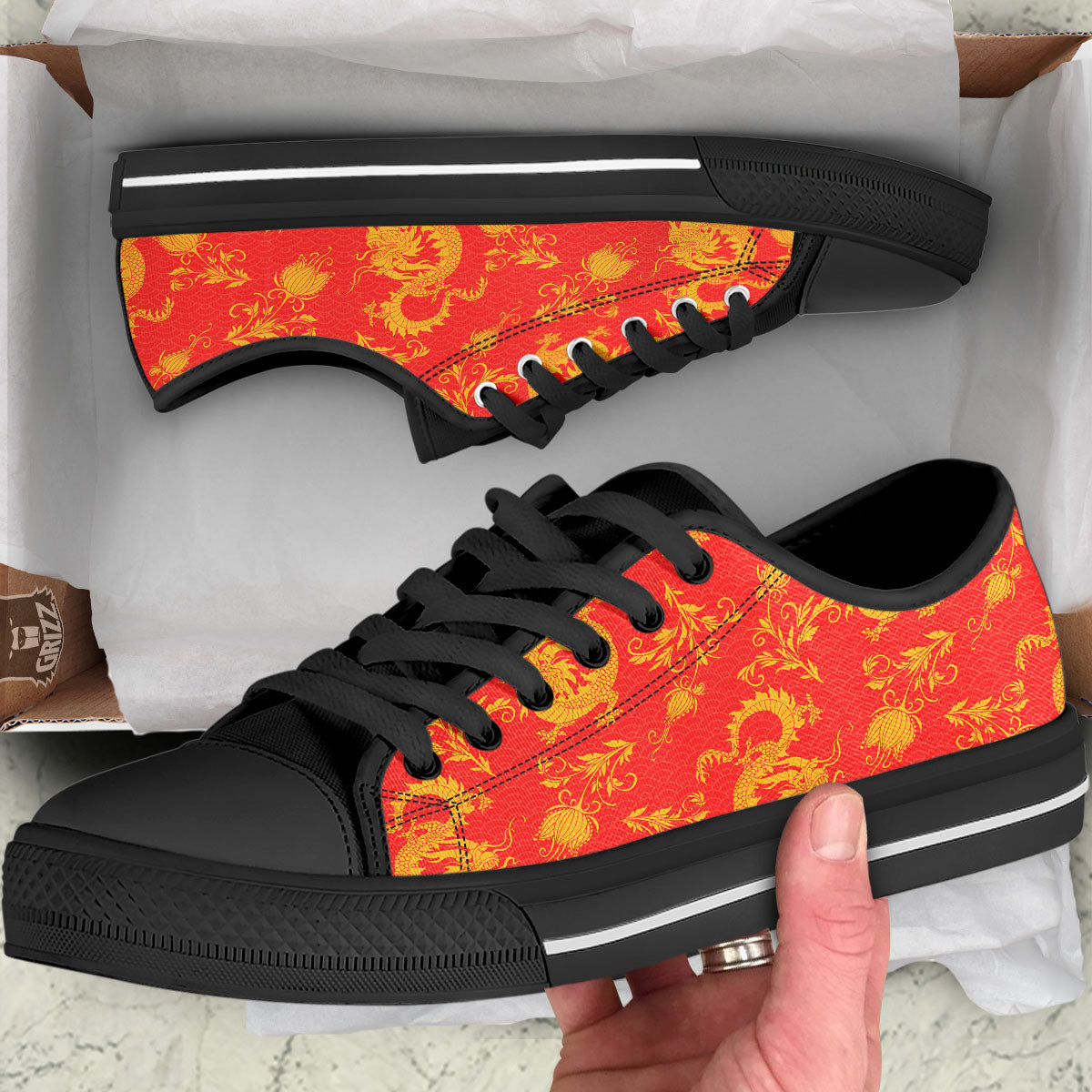 Lotus Red Dragon Print Pattern Black Low Top Shoes-grizzshop