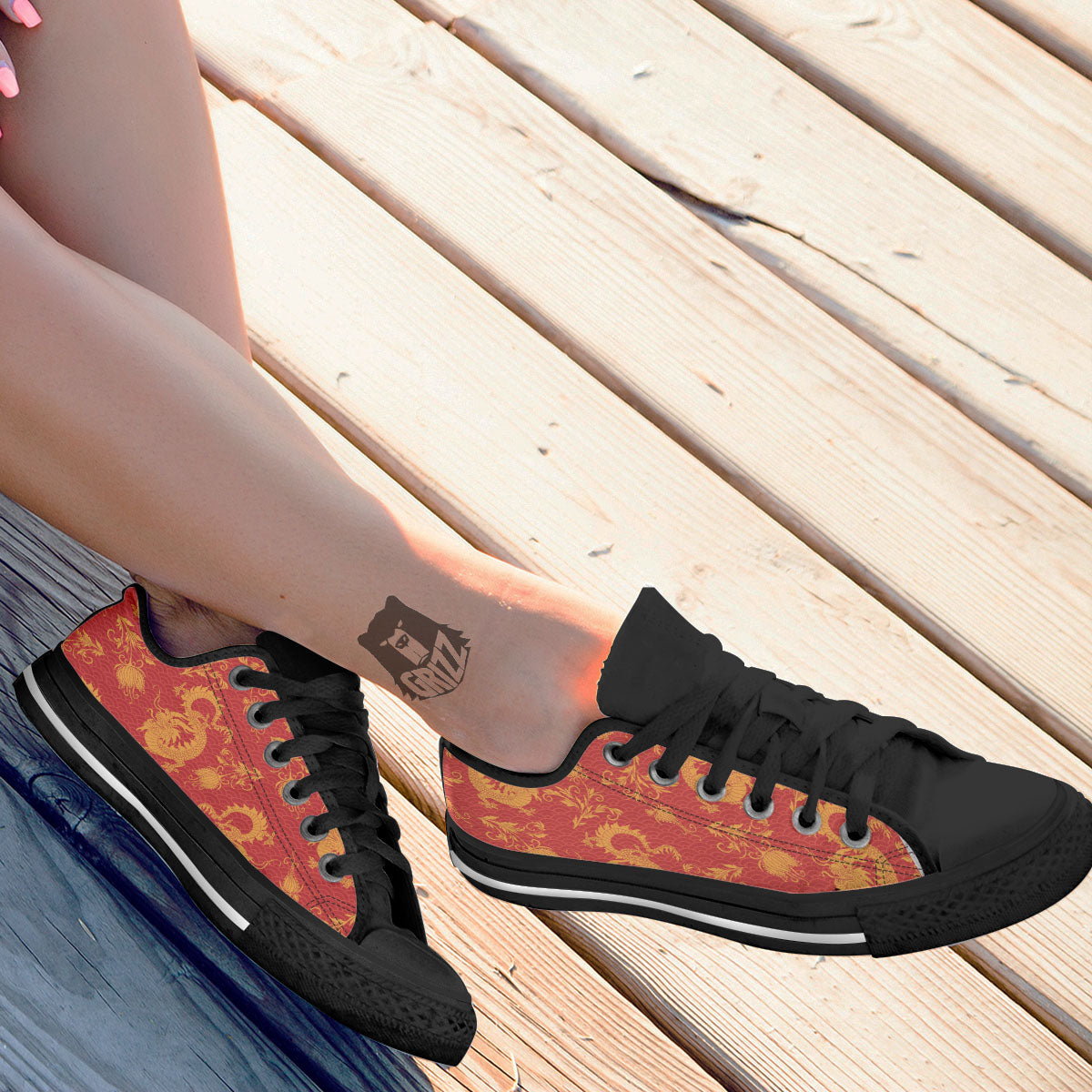 Lotus Red Dragon Print Pattern Black Low Top Shoes-grizzshop