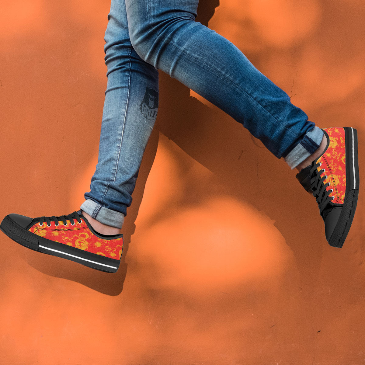 Lotus Red Dragon Print Pattern Black Low Top Shoes-grizzshop