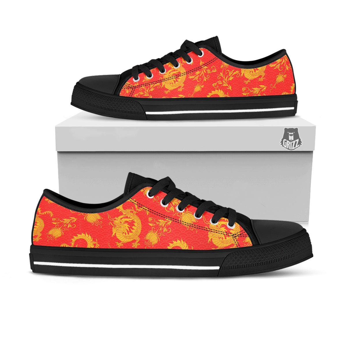 Lotus Red Dragon Print Pattern Black Low Top Shoes-grizzshop