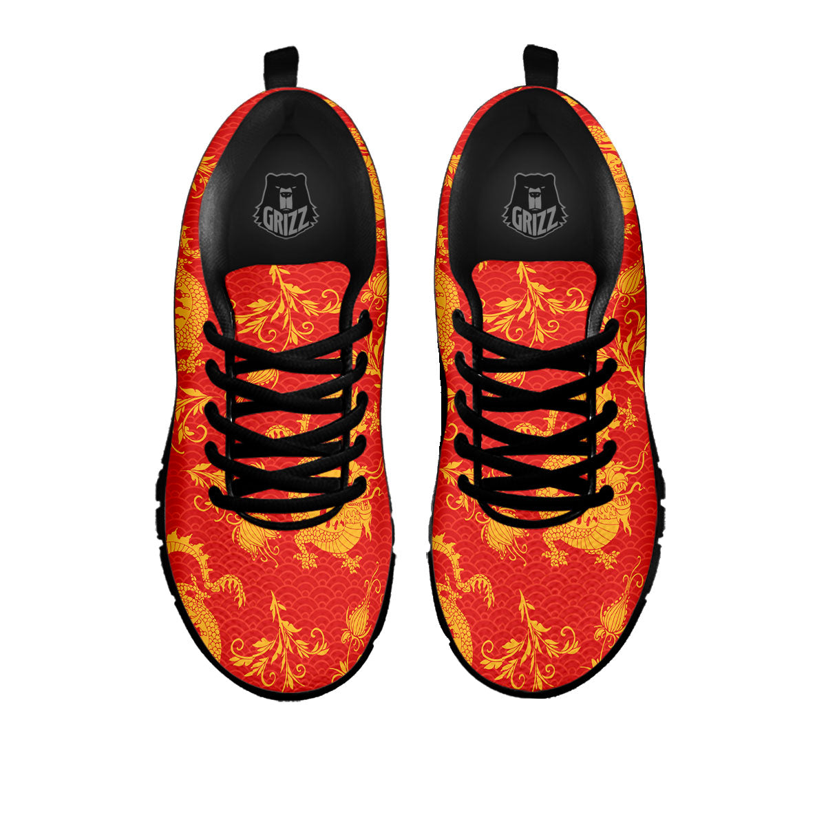 Lotus Red Dragon Print Pattern Black Sneaker-grizzshop