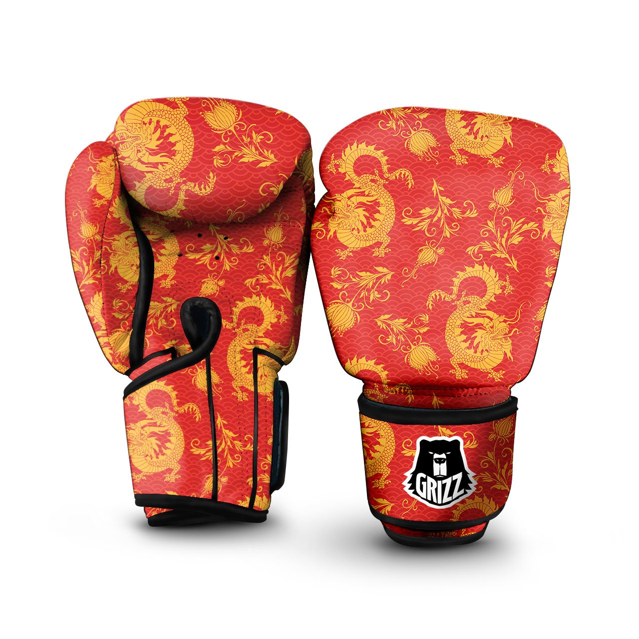 Lotus Red Dragon Print Pattern Boxing Gloves-grizzshop