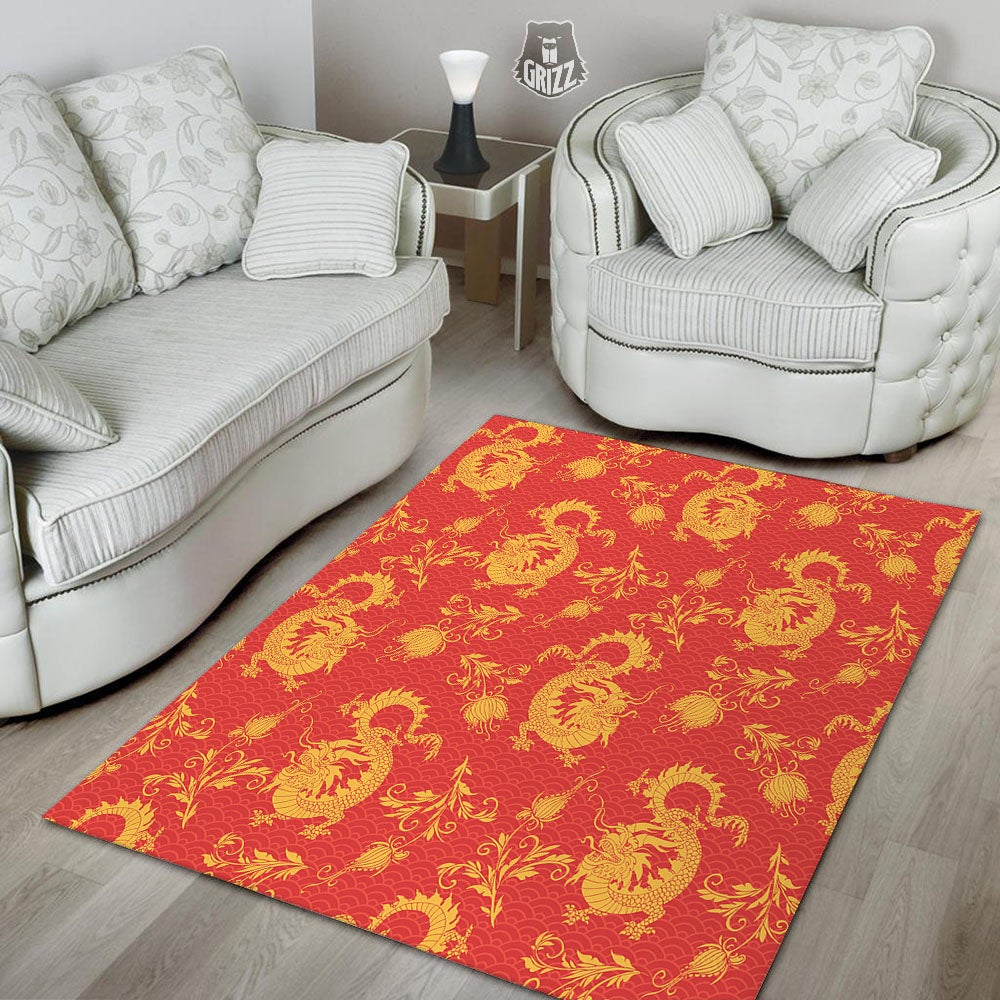 Lotus Red Dragon Print Pattern Floor Mat-grizzshop