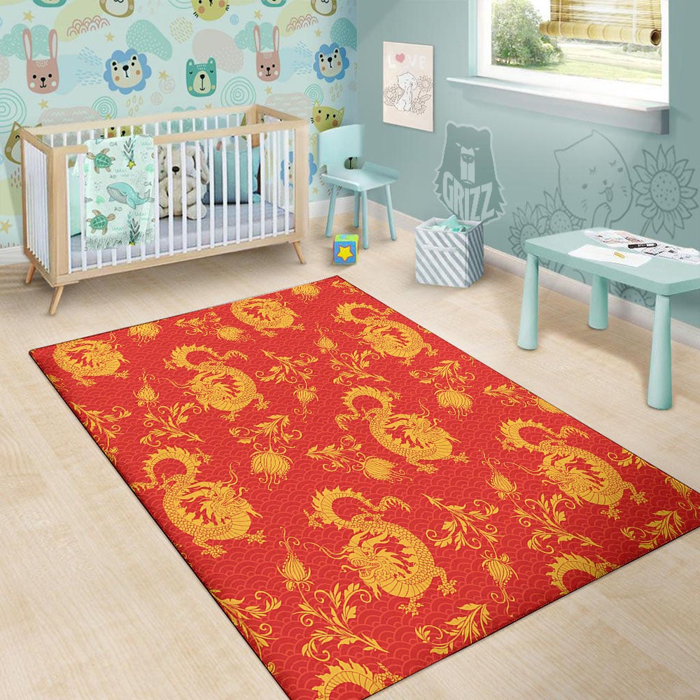 Lotus Red Dragon Print Pattern Floor Mat-grizzshop