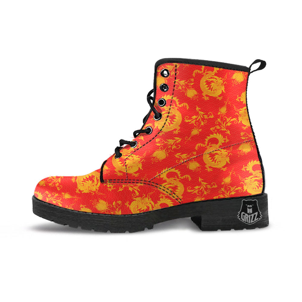 Lotus Red Dragon Print Pattern Leather Boots-grizzshop