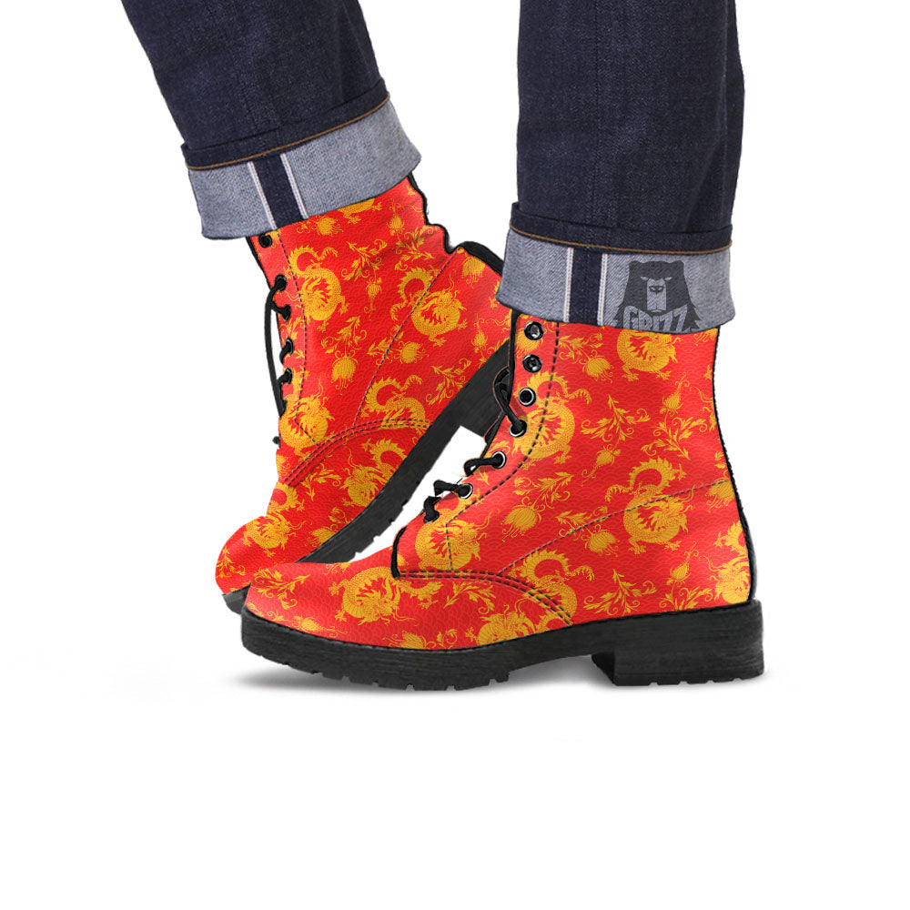 Lotus Red Dragon Print Pattern Leather Boots-grizzshop