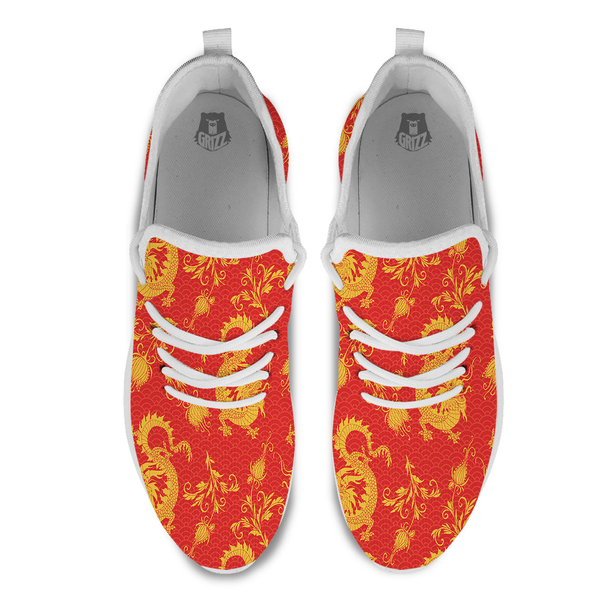 Lotus Red Dragon Print Pattern White Athletic Shoes-grizzshop