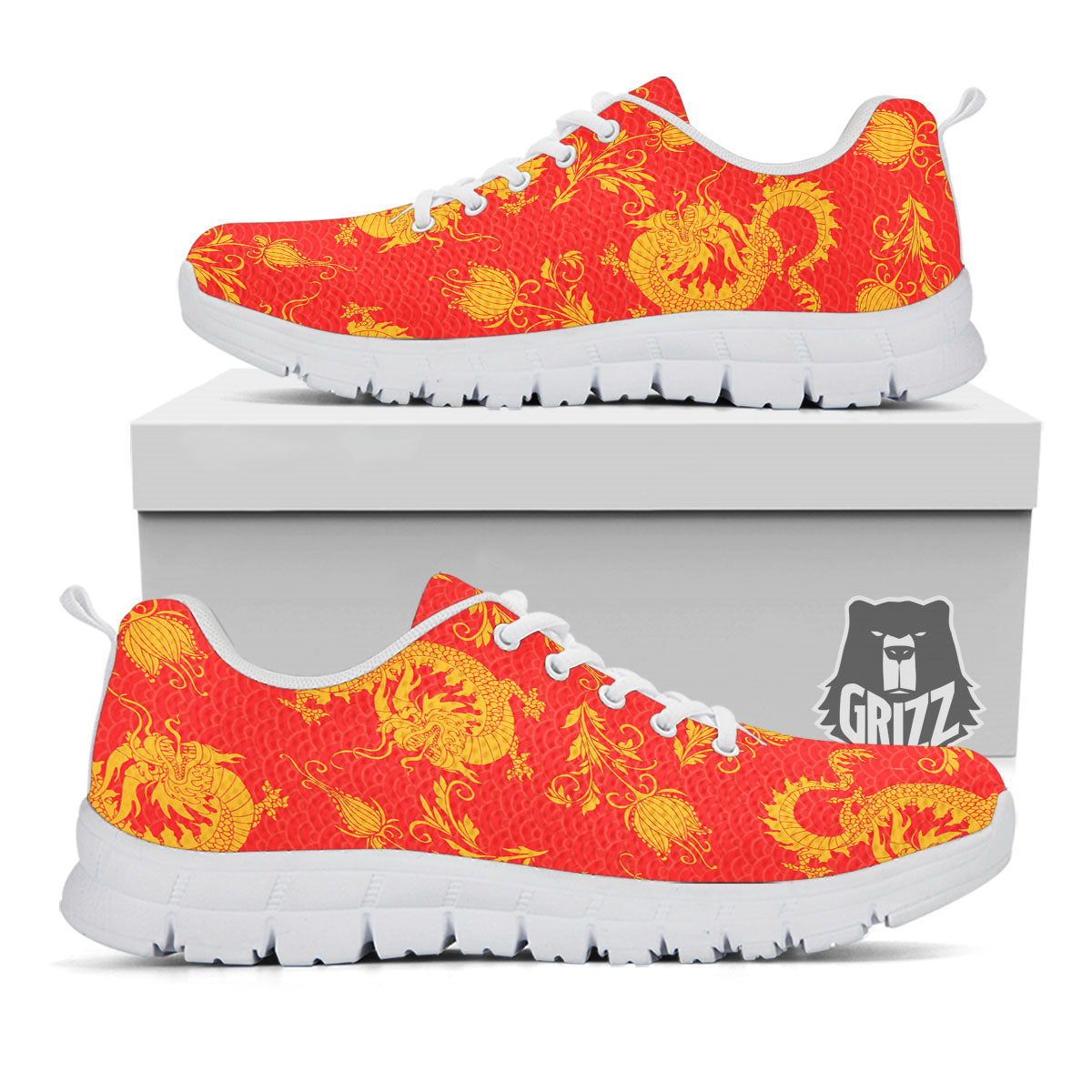 Lotus Red Dragon Print Pattern White Sneaker-grizzshop