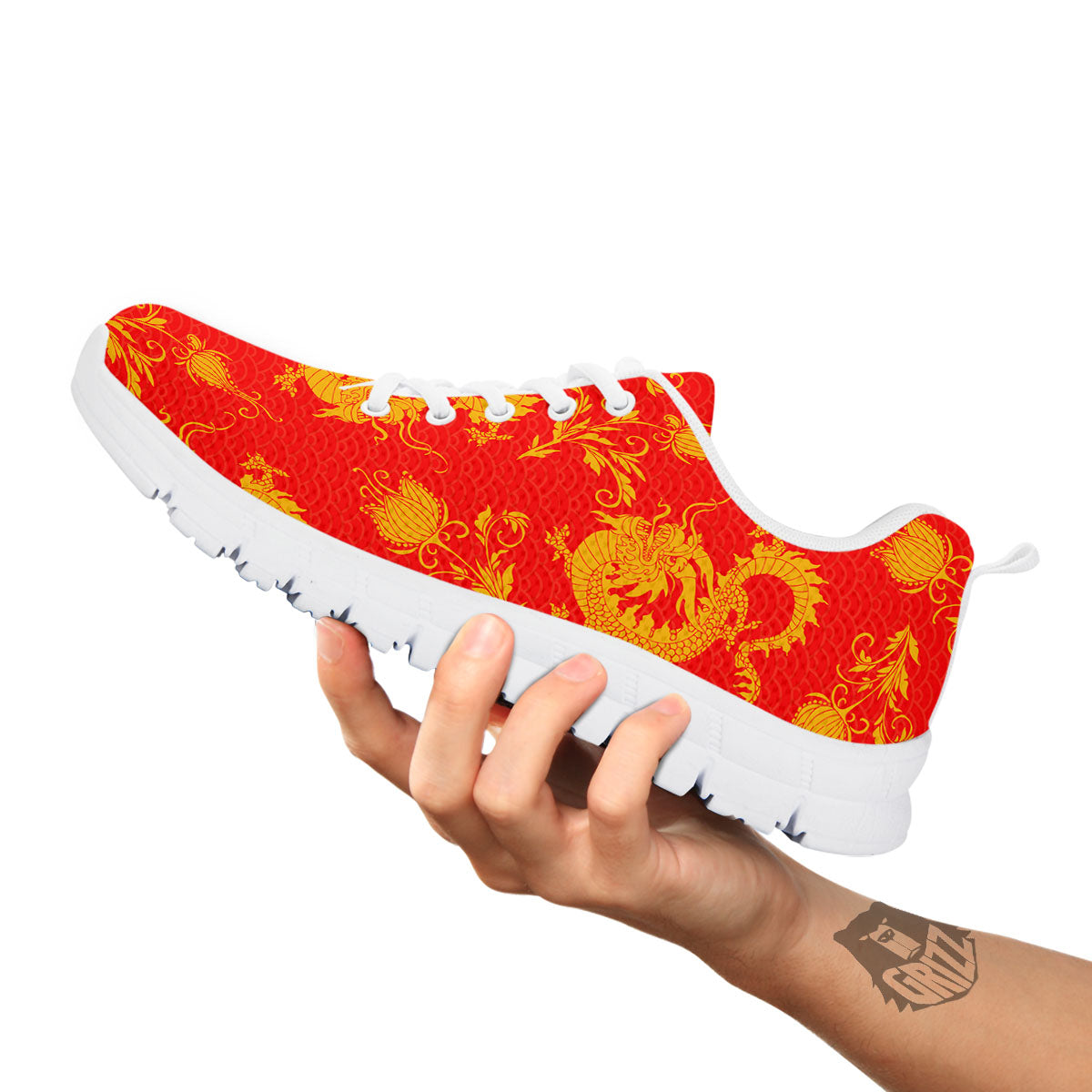 Lotus Red Dragon Print Pattern White Sneaker-grizzshop