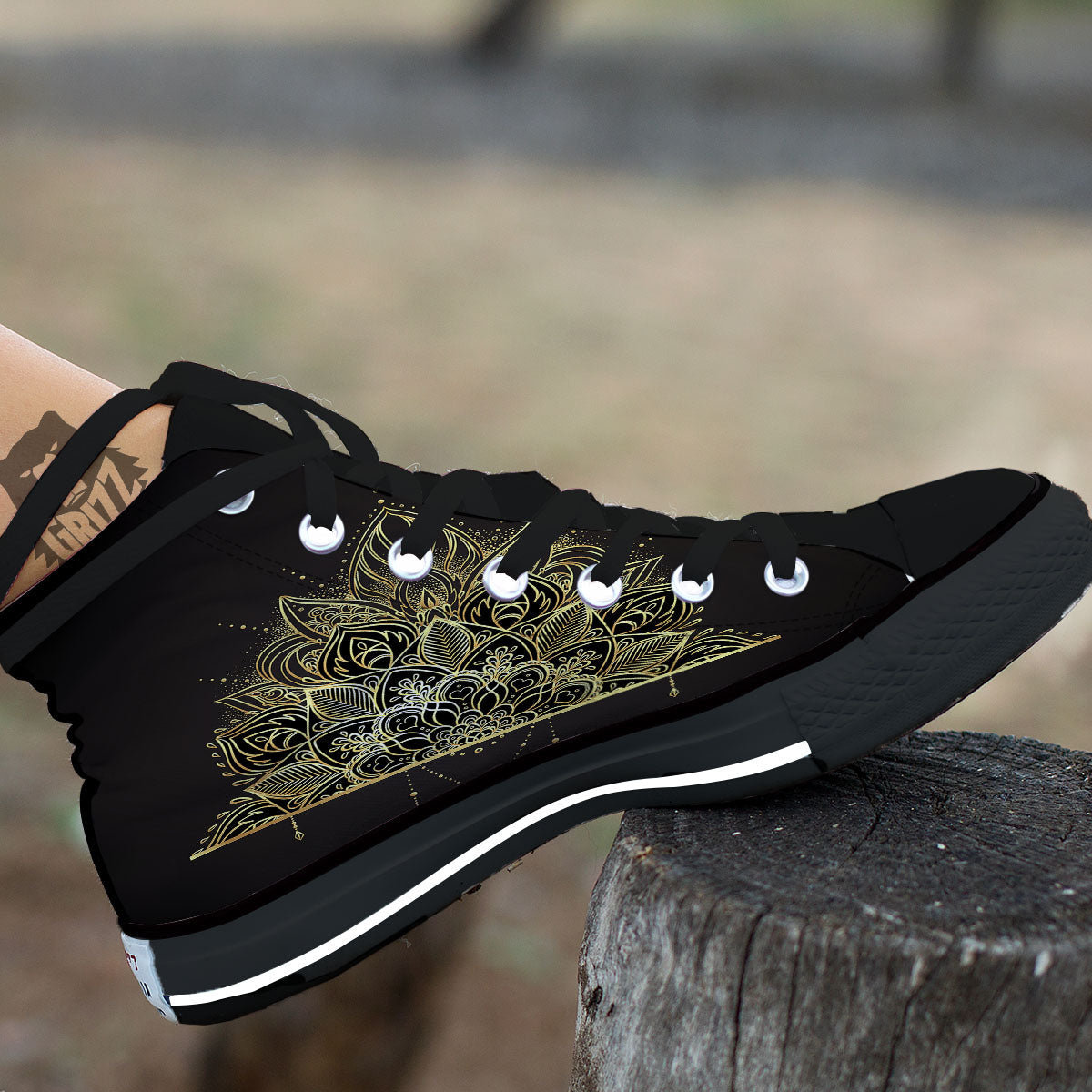 Lotus Spiritual Golden Print Black High Top Shoes-grizzshop