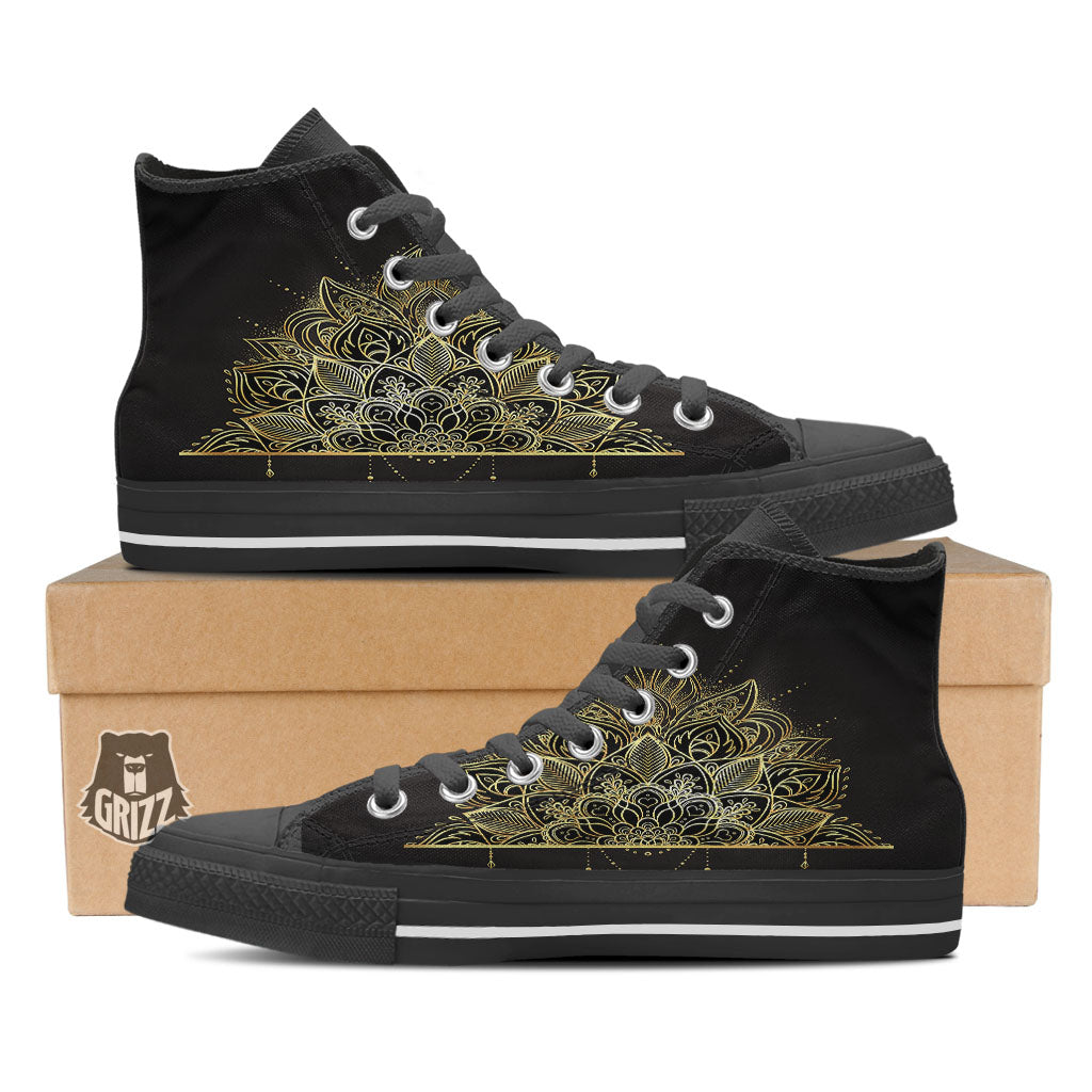 Lotus Spiritual Golden Print Black High Top Shoes-grizzshop