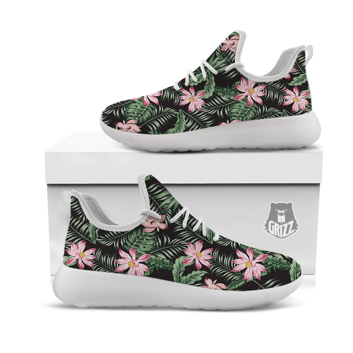 Lotus Tropical Print Pattern White Athletic Shoes-grizzshop