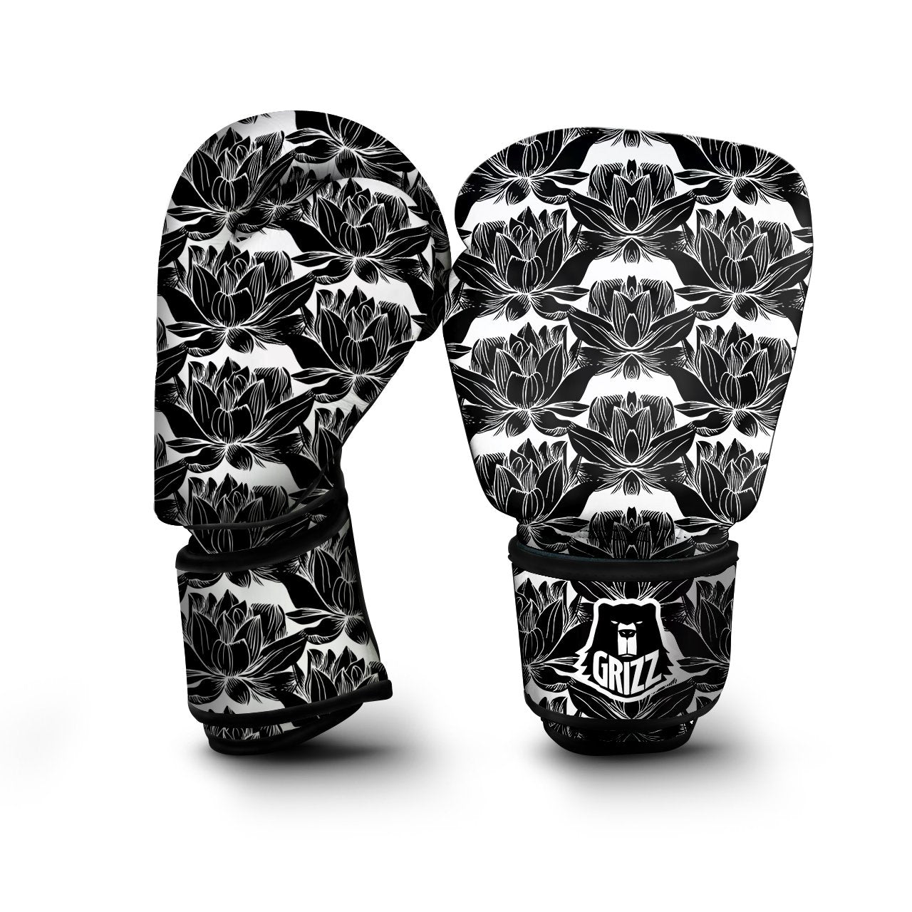 Lotus White And Black Print Pattern Boxing Gloves-grizzshop