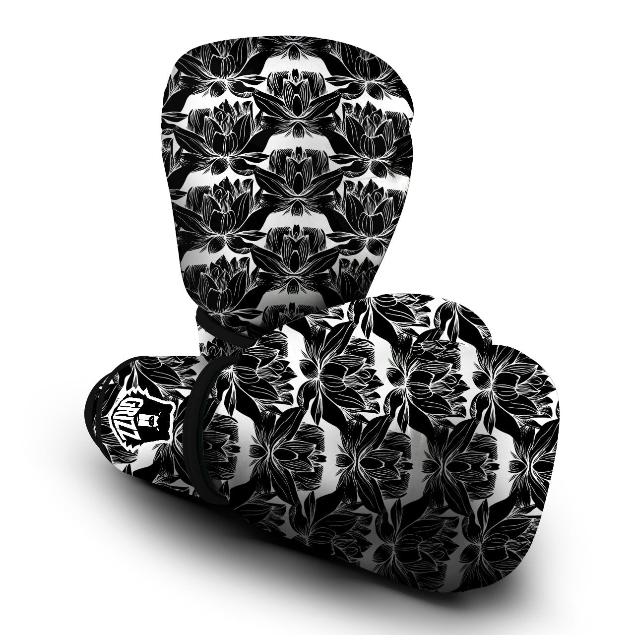 Lotus White And Black Print Pattern Boxing Gloves-grizzshop