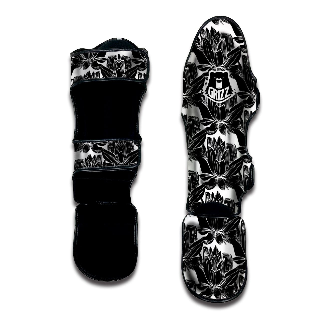 Lotus White And Black Print Pattern Muay Thai Shin Guards-grizzshop