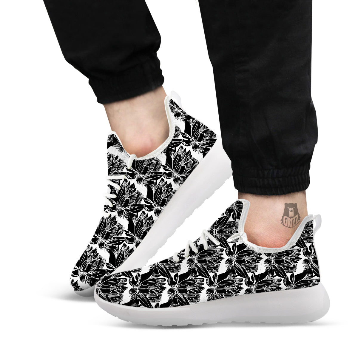 Lotus White And Black Print Pattern White Athletic Shoes-grizzshop