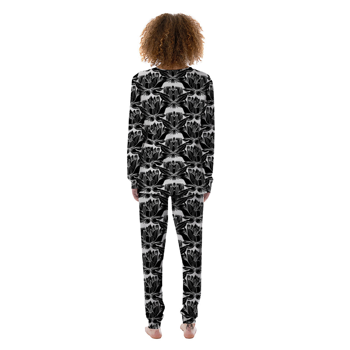 Lotus White And Black Print Pattern Women's Pajamas-grizzshop