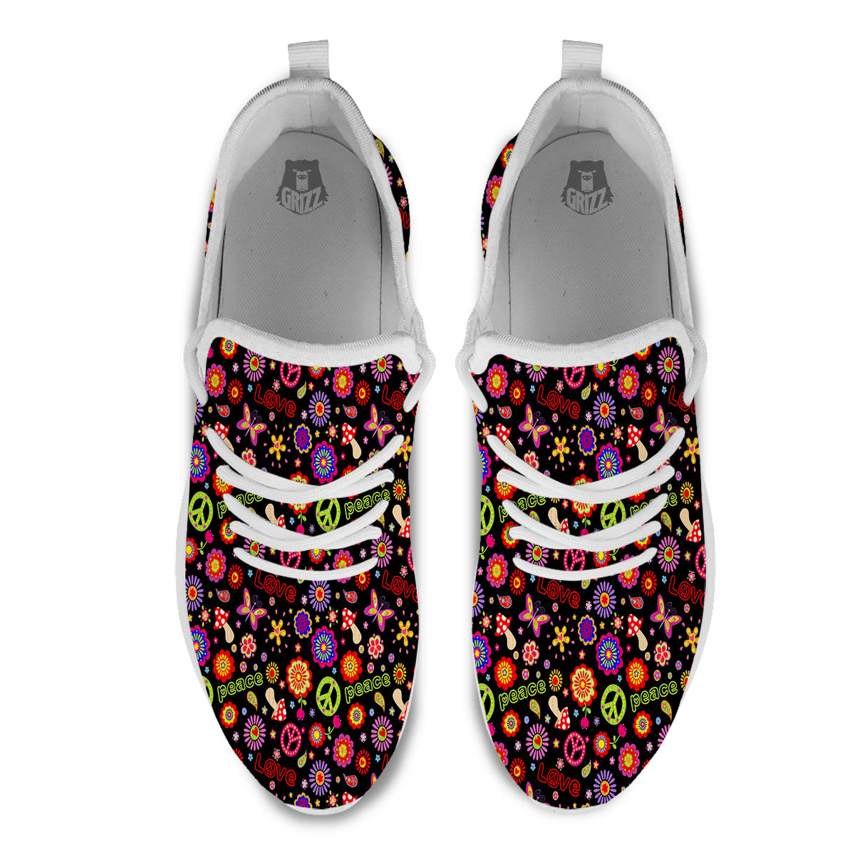 Love And Hippie Peace Sign Print Pattern White Athletic Shoes-grizzshop