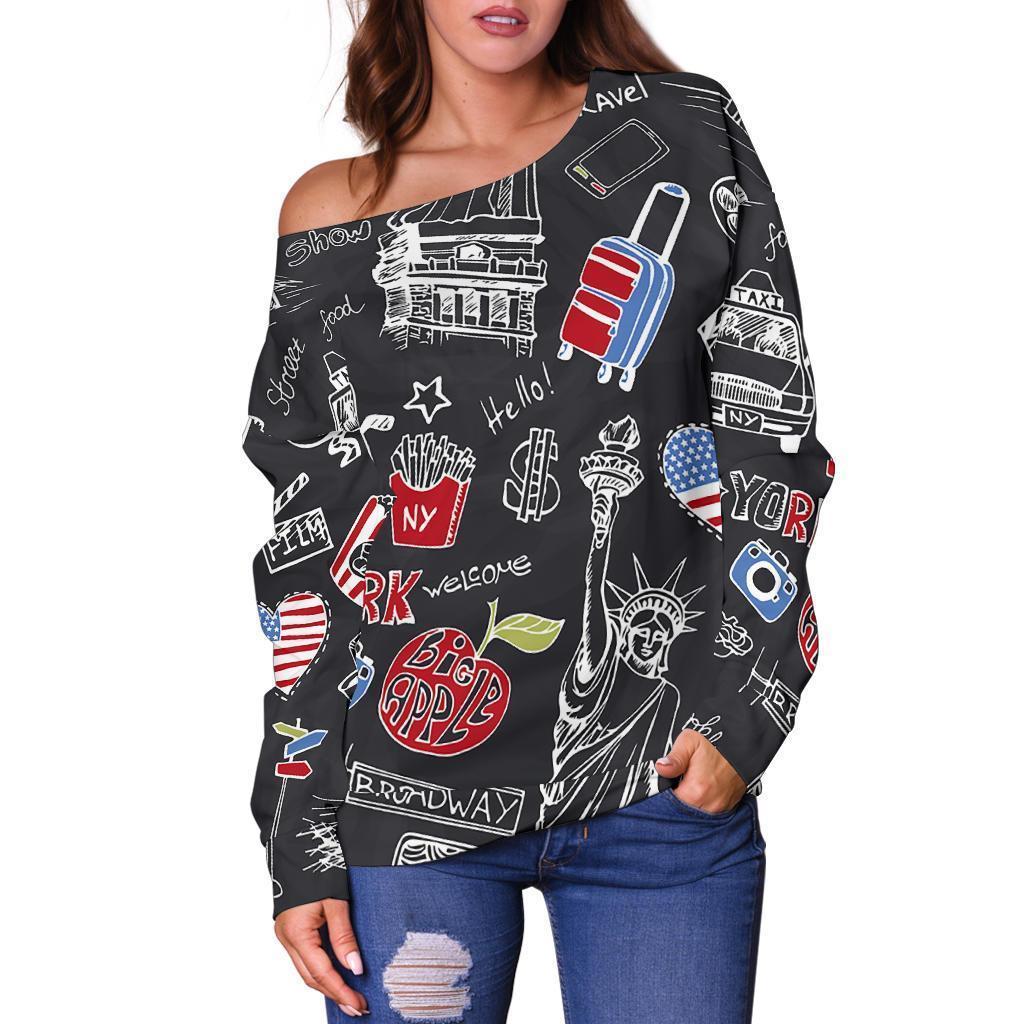 Love New York Print Pattern Women Off Shoulder Sweatshirt-grizzshop