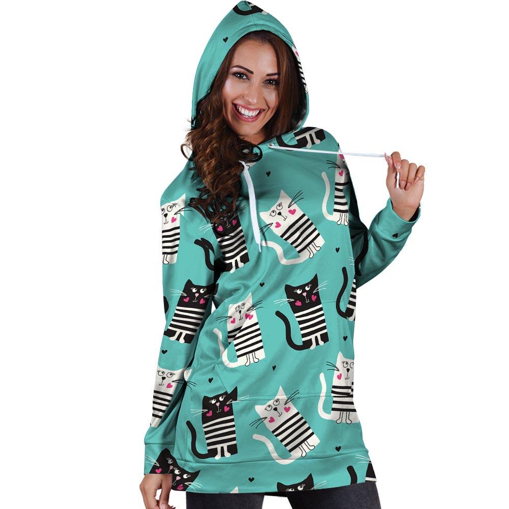 Love Turquoise Cat Print Hoodie Dress-grizzshop